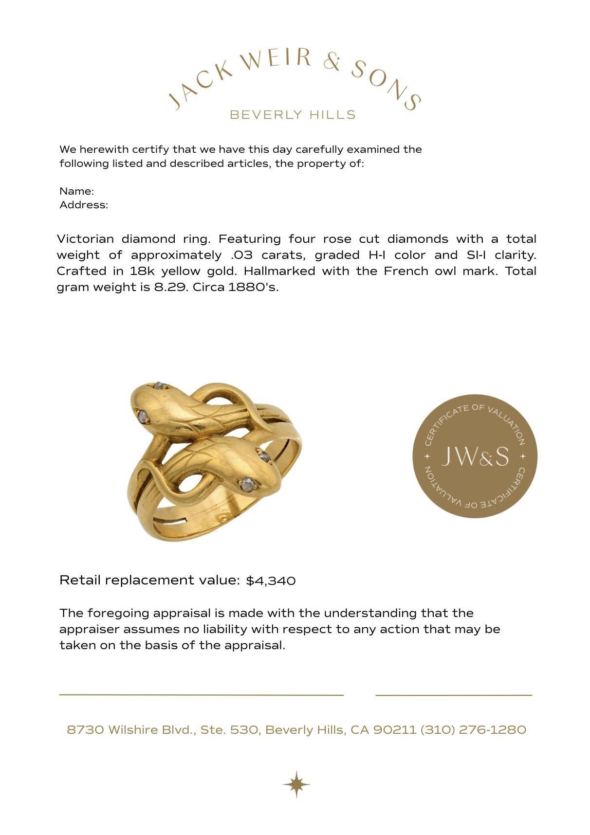 Victorian French diamond 18k yellow gold double headed snake ring For Sale 1