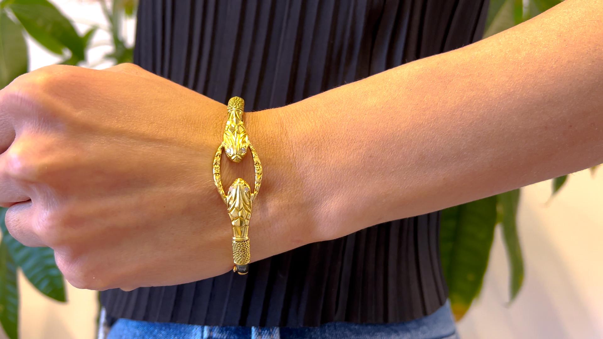 Victorian French Diamond 18k Yellow Gold Snake Hinged Bracelet For Sale