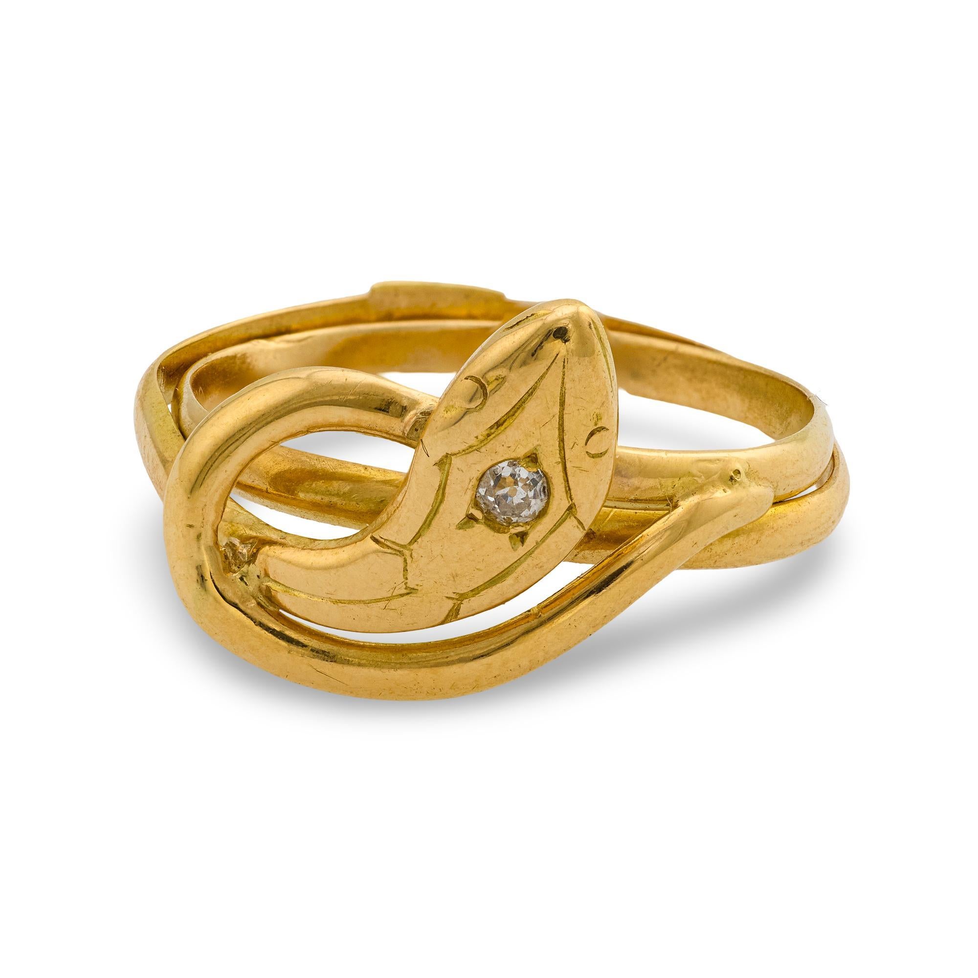 Old European Cut Victorian French diamond 18k yellow gold snake ring For Sale