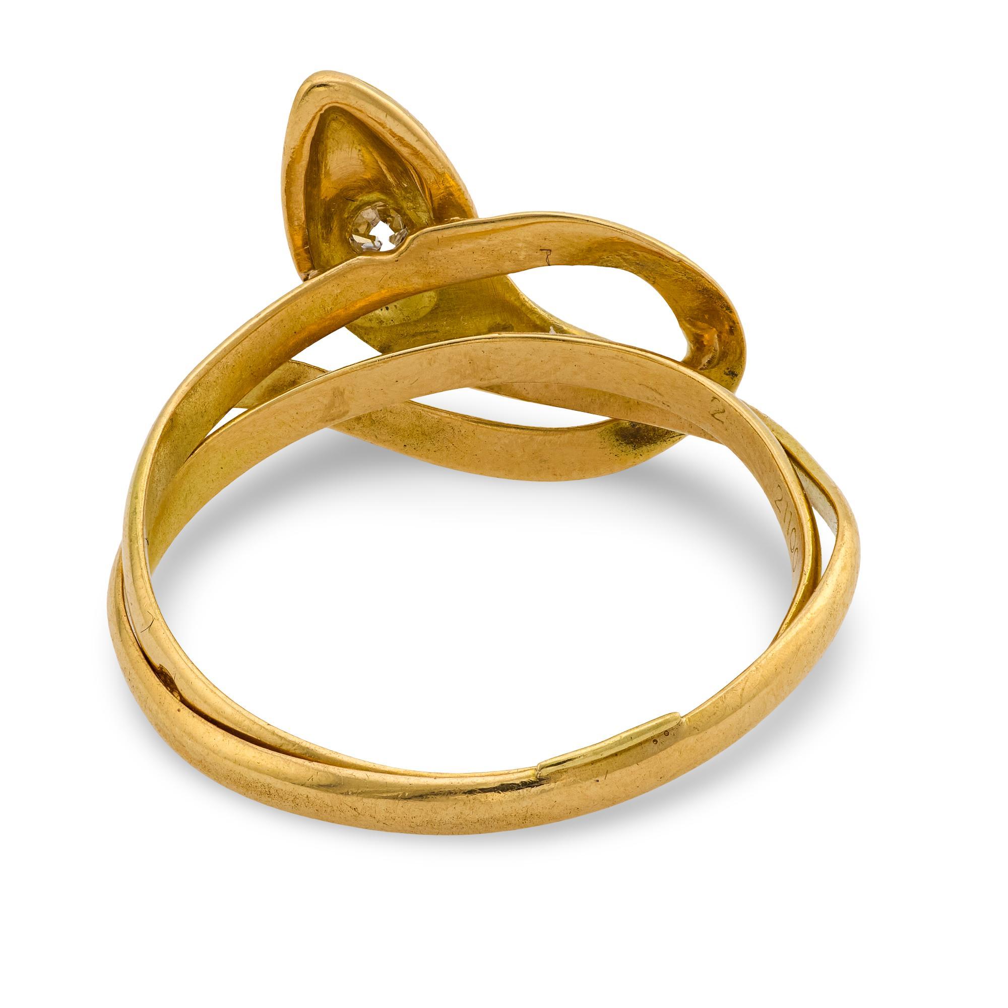 Women's Victorian French diamond 18k yellow gold snake ring For Sale
