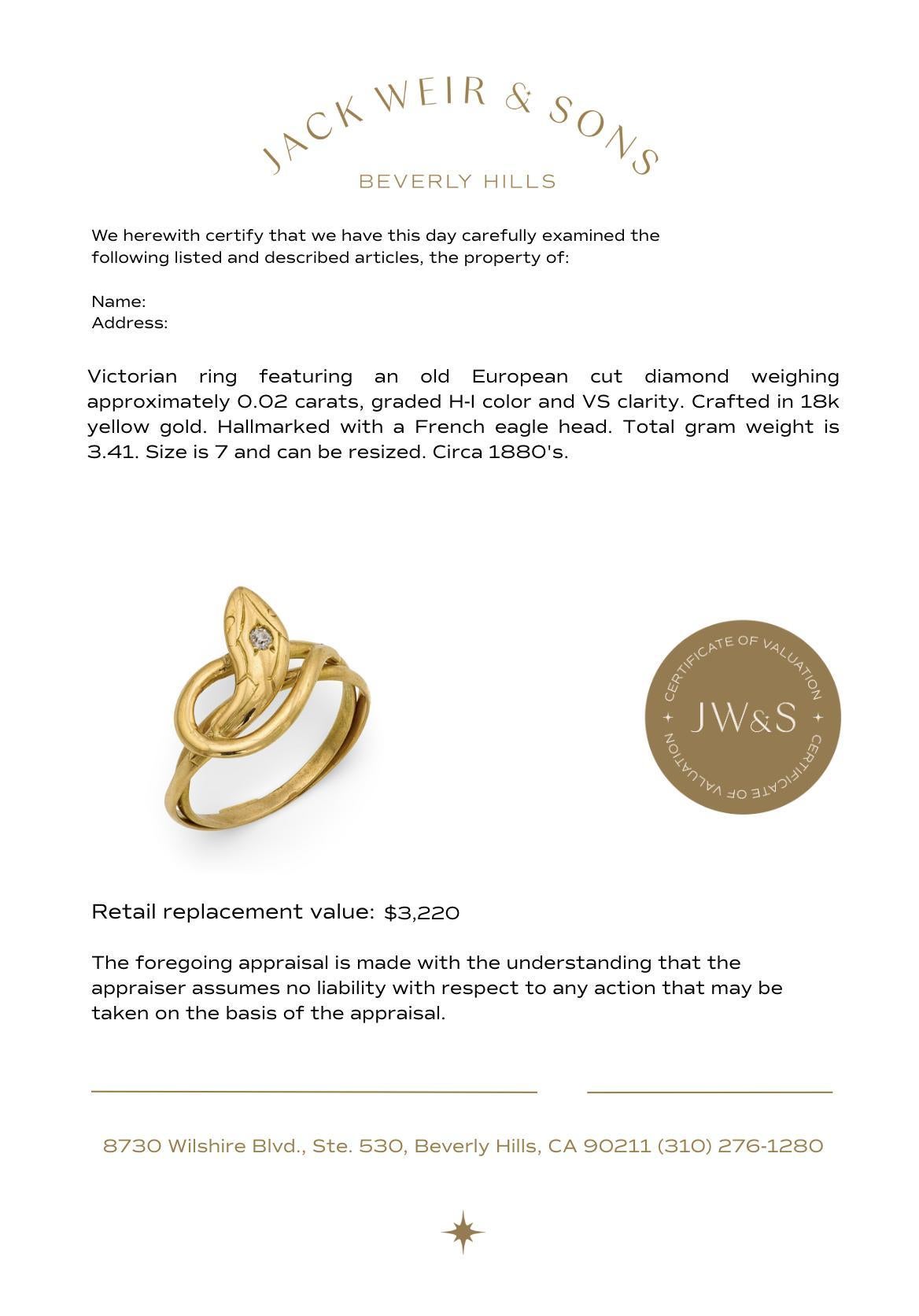 Victorian French diamond 18k yellow gold snake ring For Sale 3