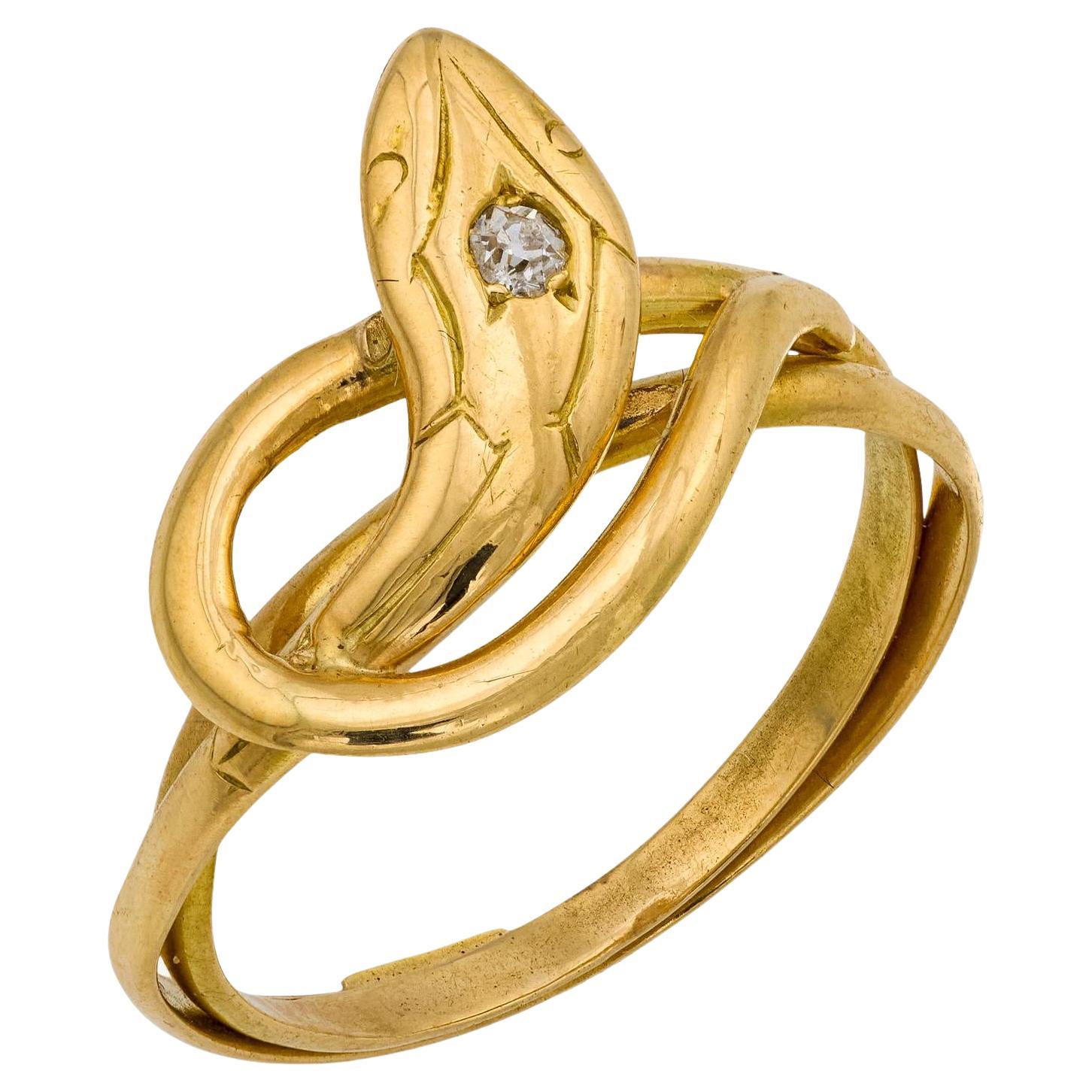 Victorian French diamond 18k yellow gold snake ring