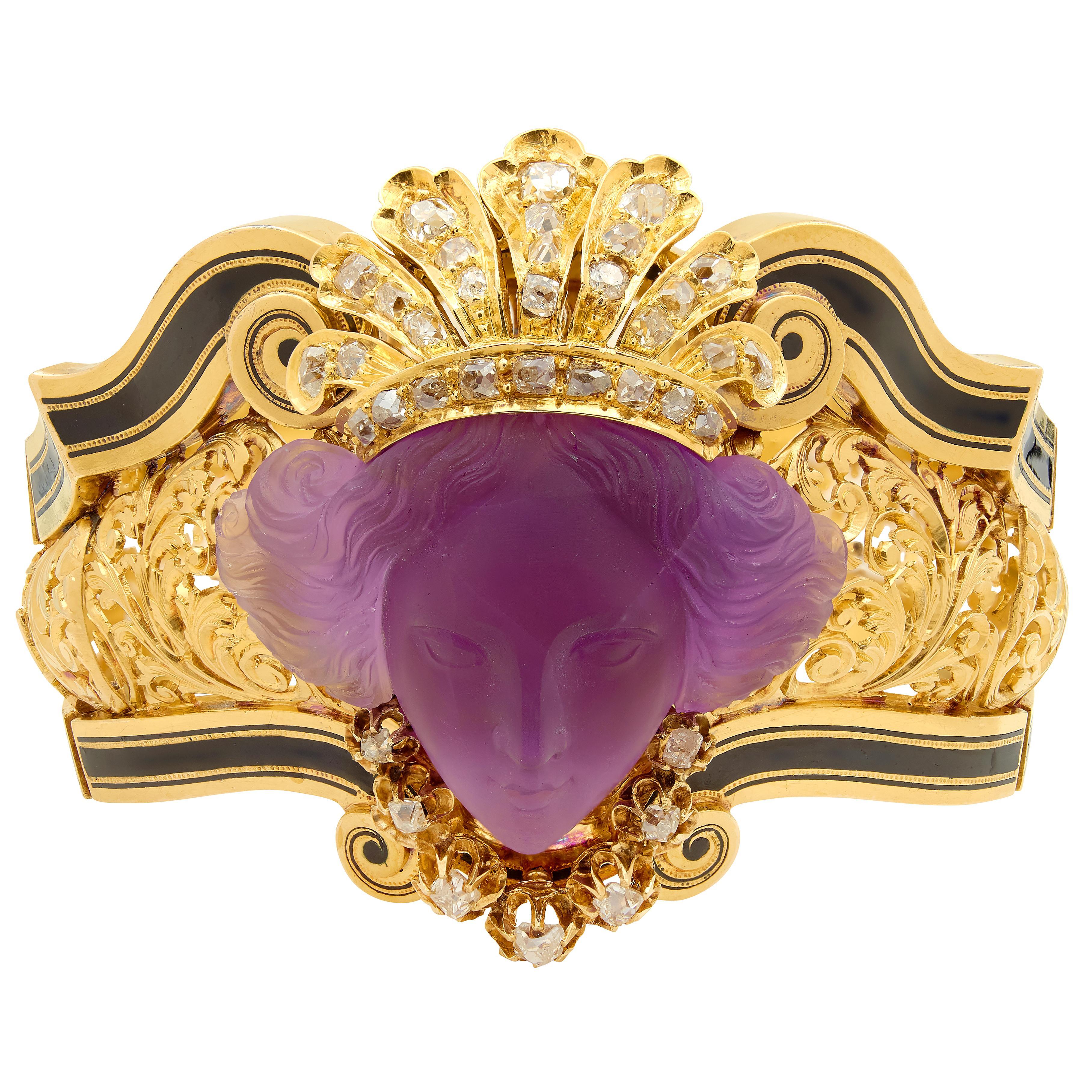 Victorian French Diamond Amethyst Enamel 18K Gold Carved Queen Bust Bracelet For Sale