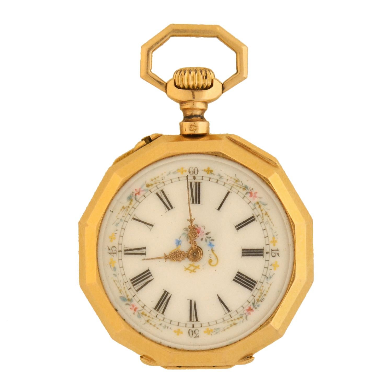 A gorgeous and unusual French pocket watch from the Victorian (ca1880) era! Crafted in 18kt yellow gold, this piece is decorated with an amusing cherub motif on one side, and a glass covered watch face on the other. The image depicts a charming