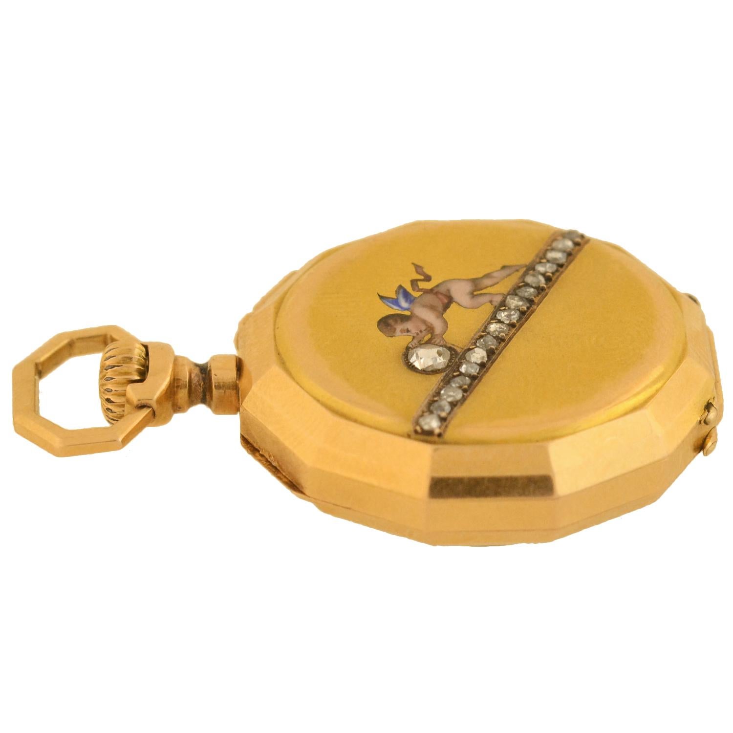 Rose Cut Victorian French Diamond Enameled Cherub Gold Pocket Watch