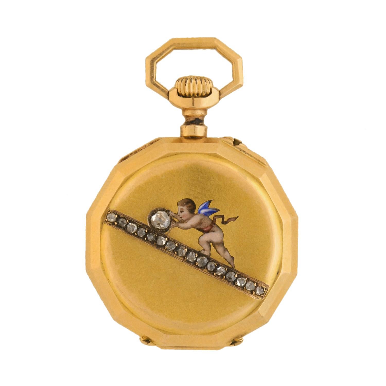 Victorian French Diamond Enameled Cherub Gold Pocket Watch