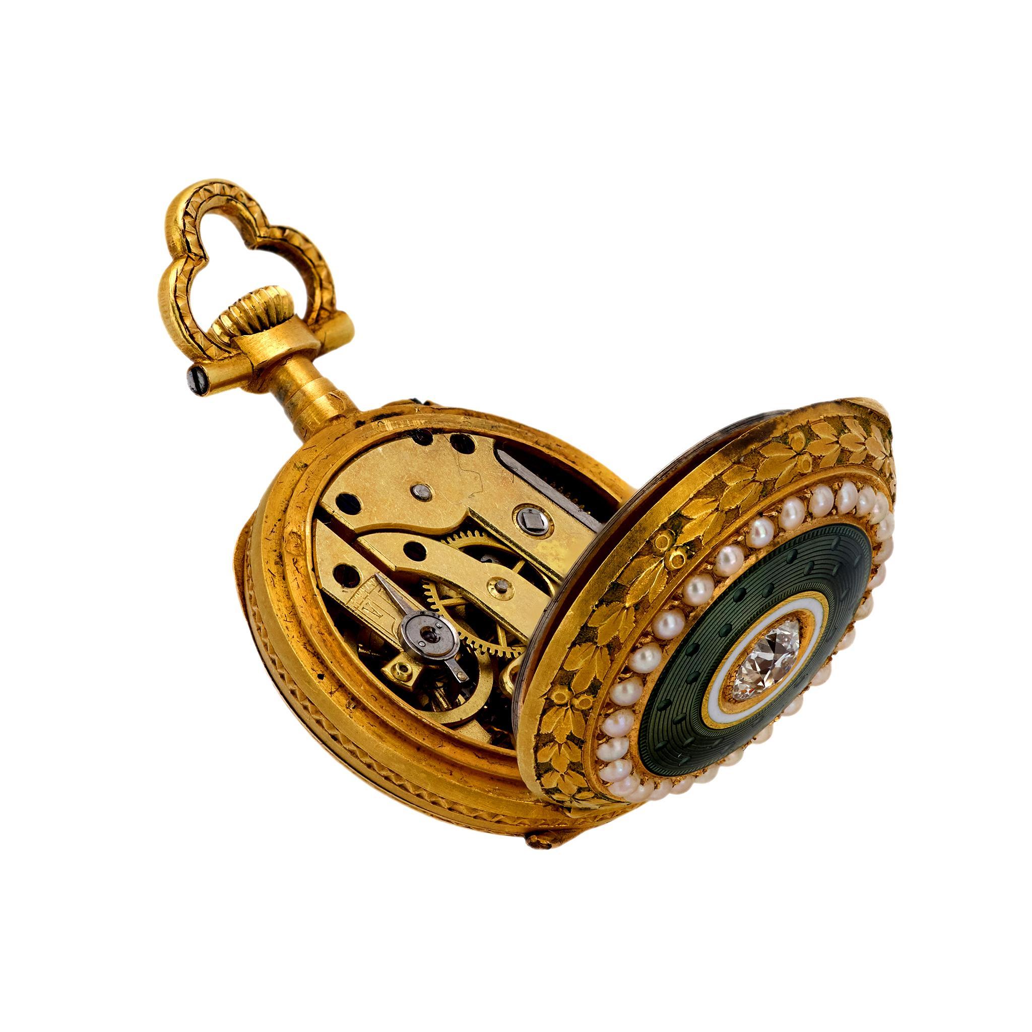 Victorian French diamond pearl 18k yellow gold enamel pendant watch In Excellent Condition For Sale In Beverly Hills, CA