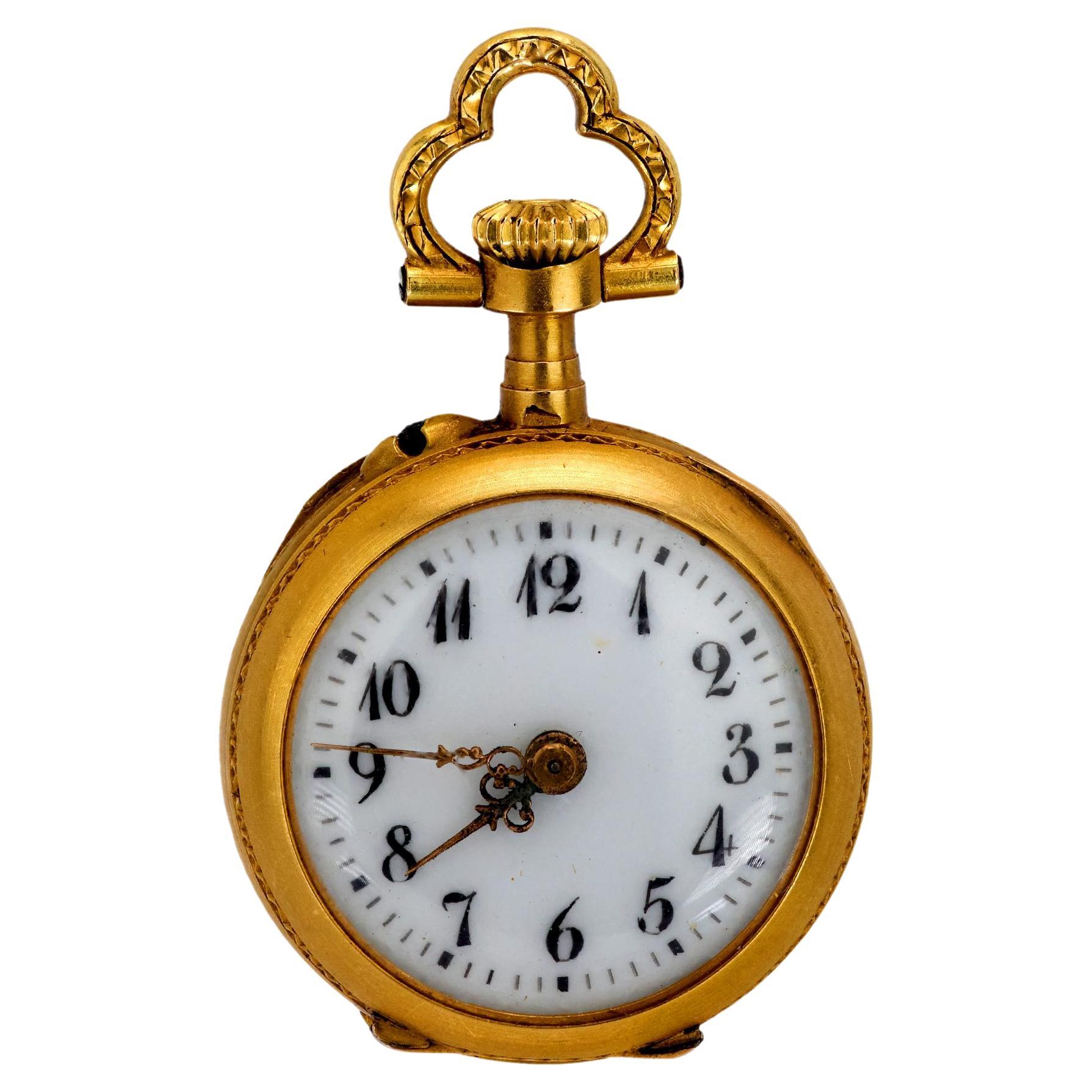 Montre pendante française victorienne en or jaune 18 carats, perles de diamants et émail