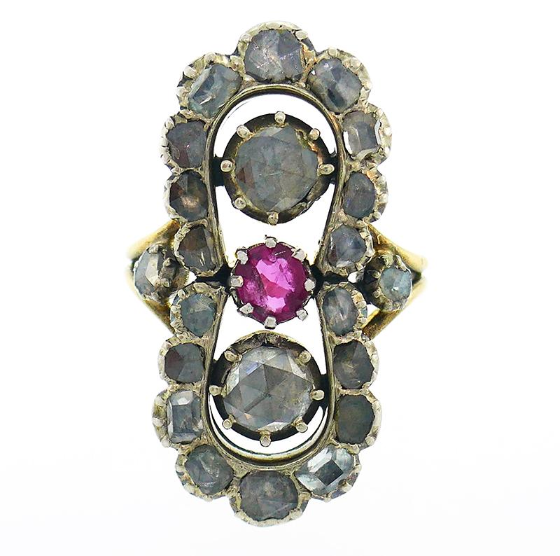 Antiker viktorianischer französischer Diamant-Rubin-Ring aus 18 Karat Gold und Silber (Viktorianisch) im Angebot