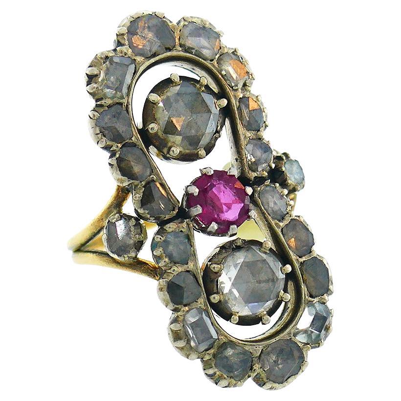 Antiker viktorianischer französischer Diamant-Rubin-Ring aus 18 Karat Gold und Silber