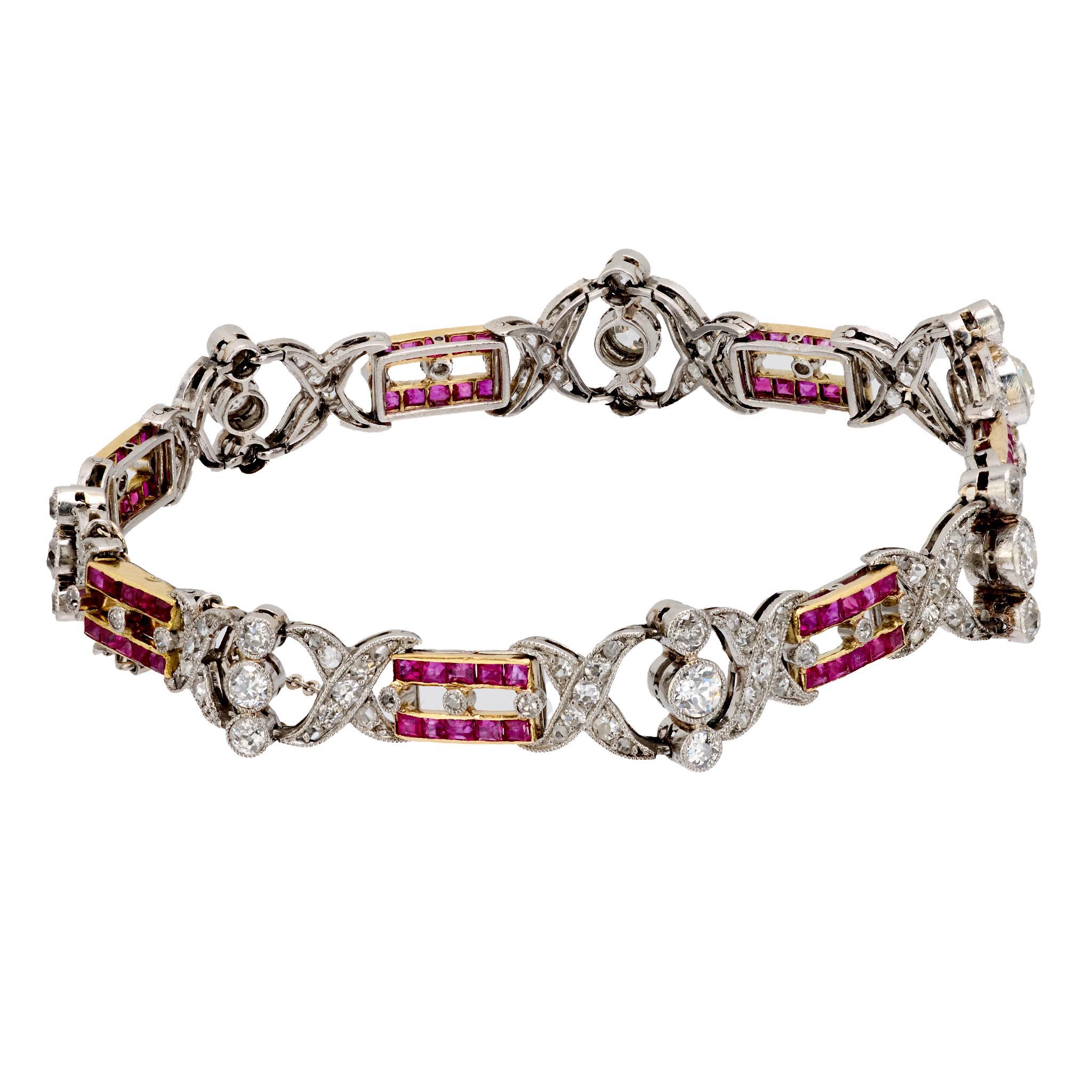 Victorian French diamond ruby 18k yellow gold bracelet