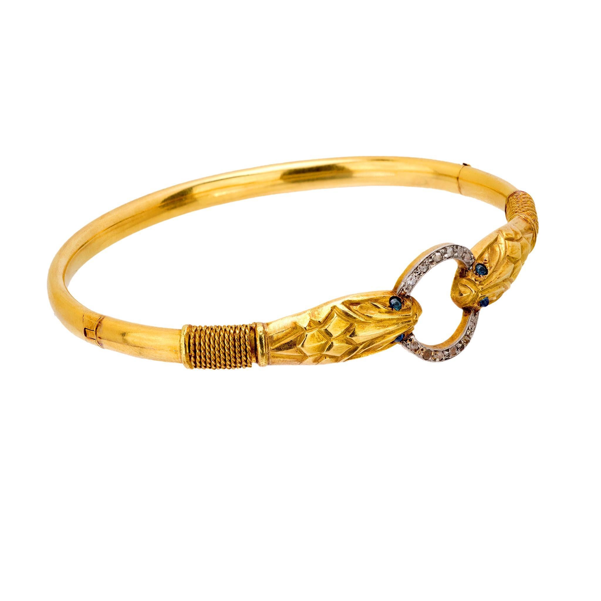 Rose Cut Victorian French diamond sapphire 18k yellow gold snake bangle