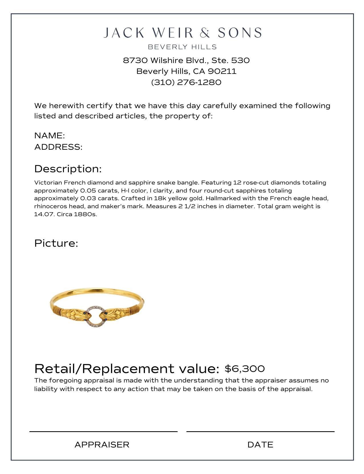 Women's or Men's Victorian French diamond sapphire 18k yellow gold snake bangle