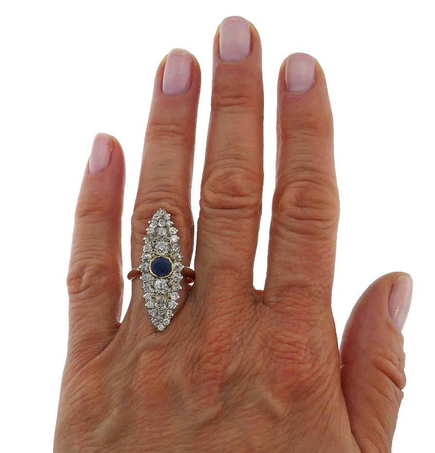 Classic Victorian marquise shape ring. Elegant, timeless, feminine and wearable, the ring is a great addition to your jewelry collection.
Made of 18 karat rose gold (tested), the ring features hand-faceted old cushion and Old European cut diamonds