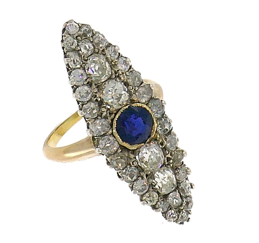 Victorian French Diamond Sapphire Gold Ring Antique In Good Condition In Beverly Hills, CA