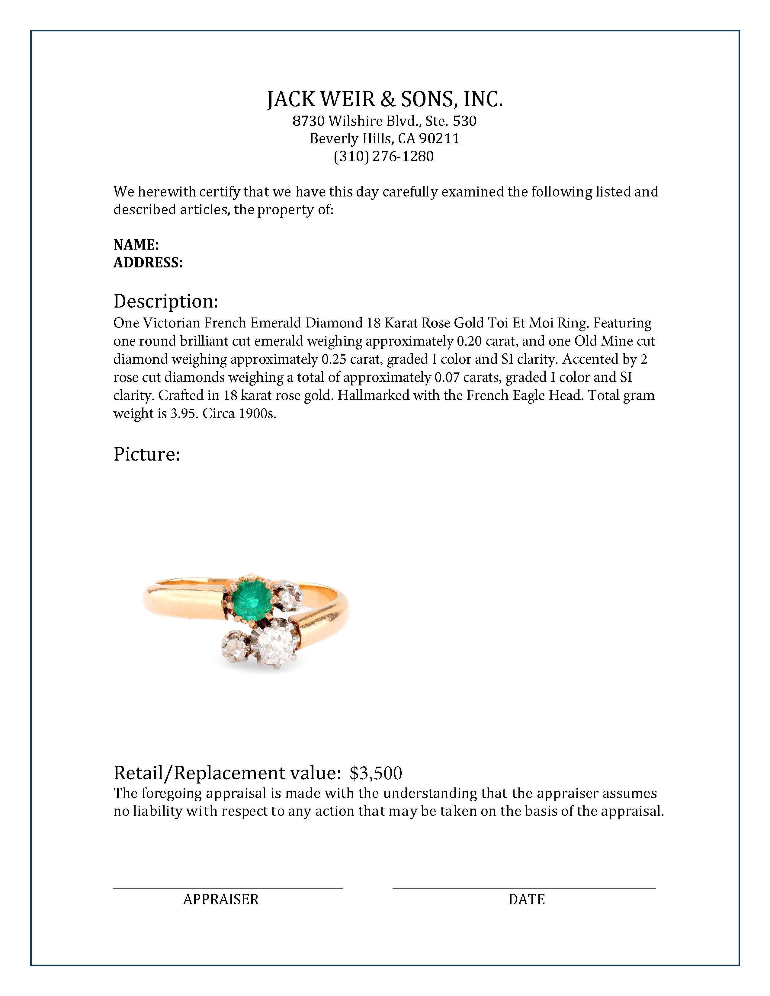 Women's or Men's Victorian French Emerald Diamond 18K Rose Gold Toi Et Moi Ring For Sale