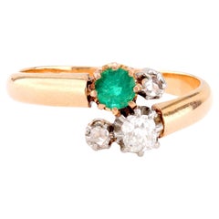 Victorian French Emerald Diamond 18K Rose Gold Toi Et Moi Ring