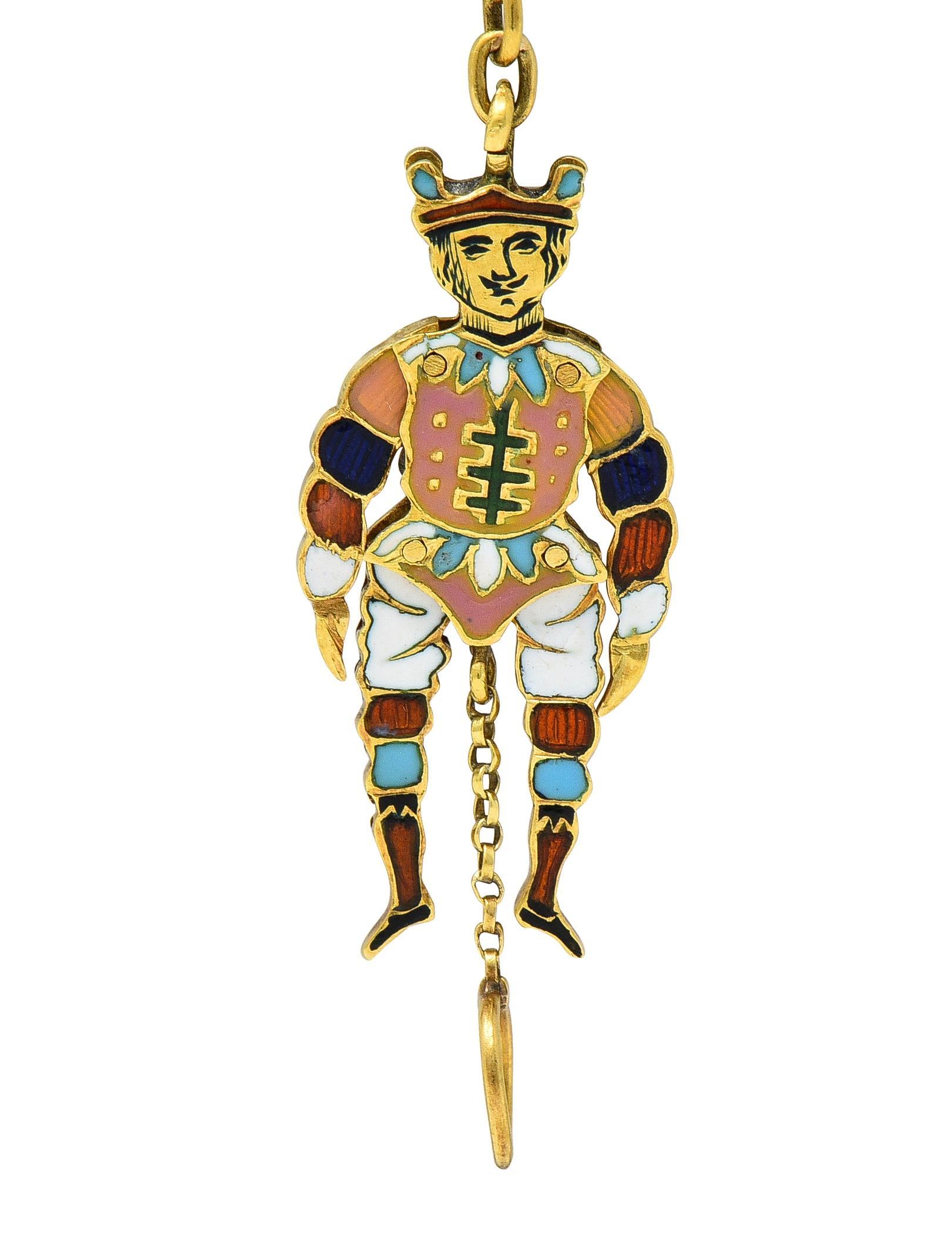 Victorian French Enamel 18 Karat Yellow Gold Jester Articulated Antique Charm For Sale 6