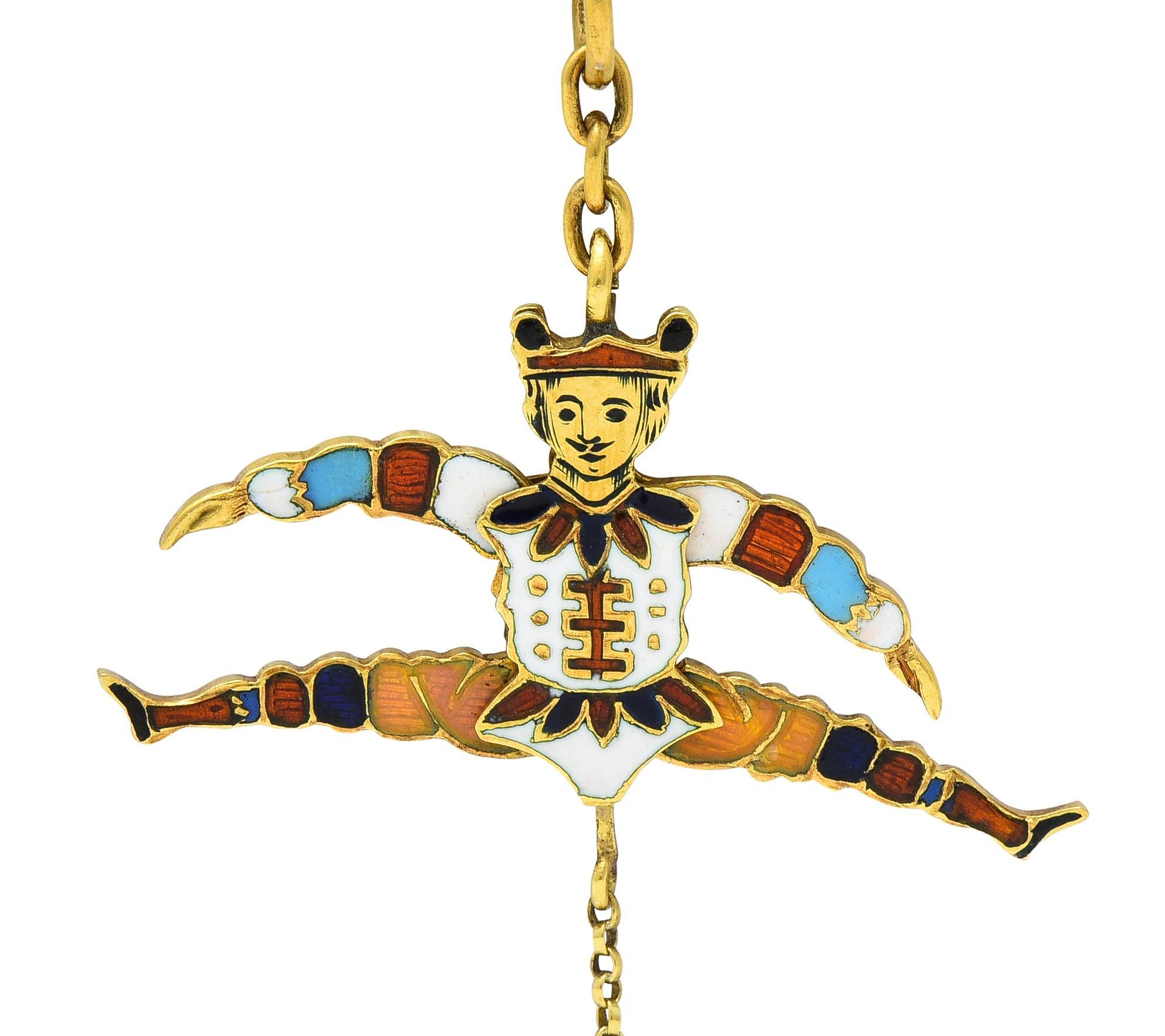 Victorian French Enamel 18 Karat Yellow Gold Jester Articulated Antique Charm 9