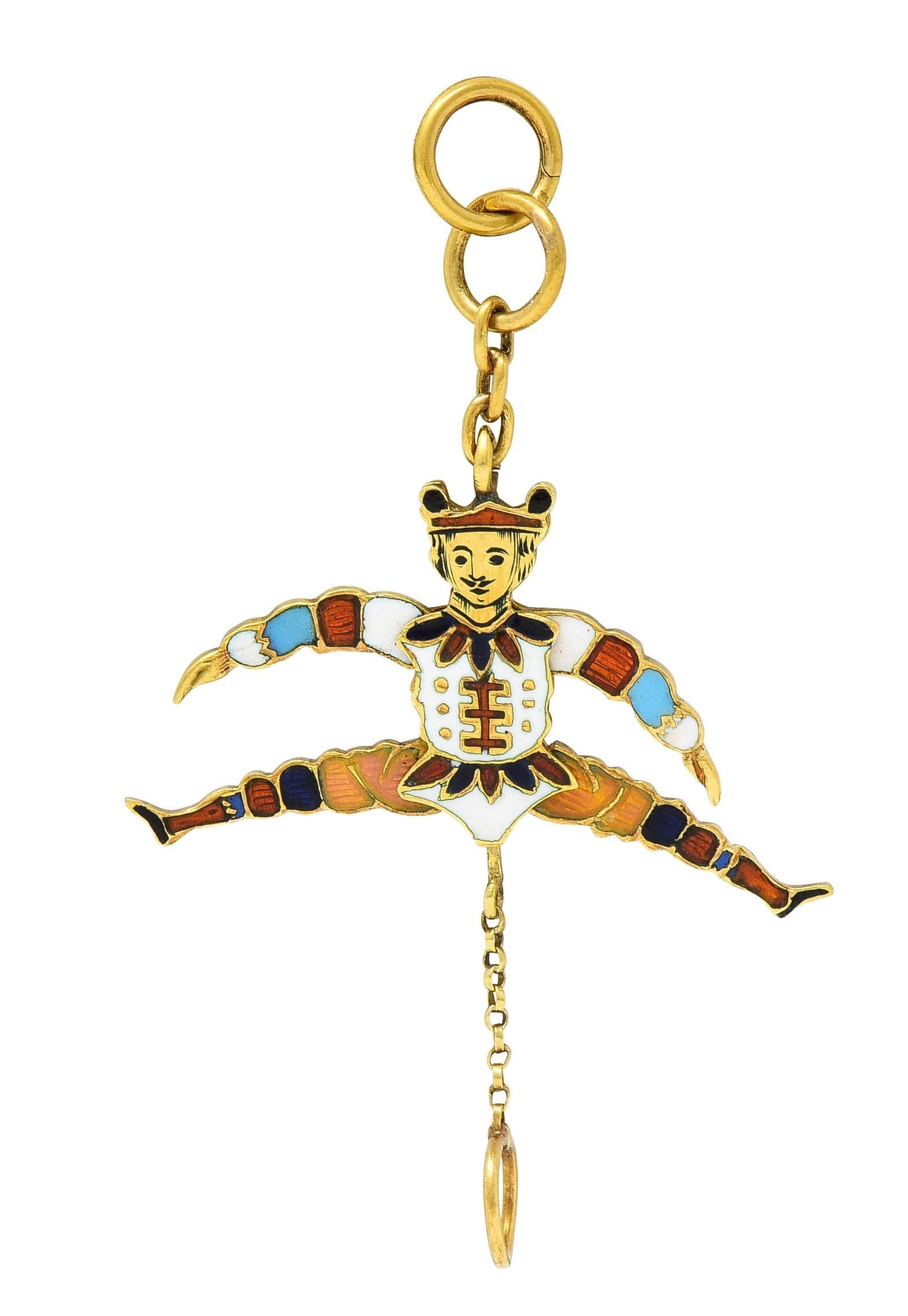 Designed as a stylized jester with animated arms and legs via pull chain
Featuring champlevé and basse-taille enamel throughout 
Opaque white, black, blue, pink, green with gloss finish 
Transparent orange, blue, and pink - glossed over linear