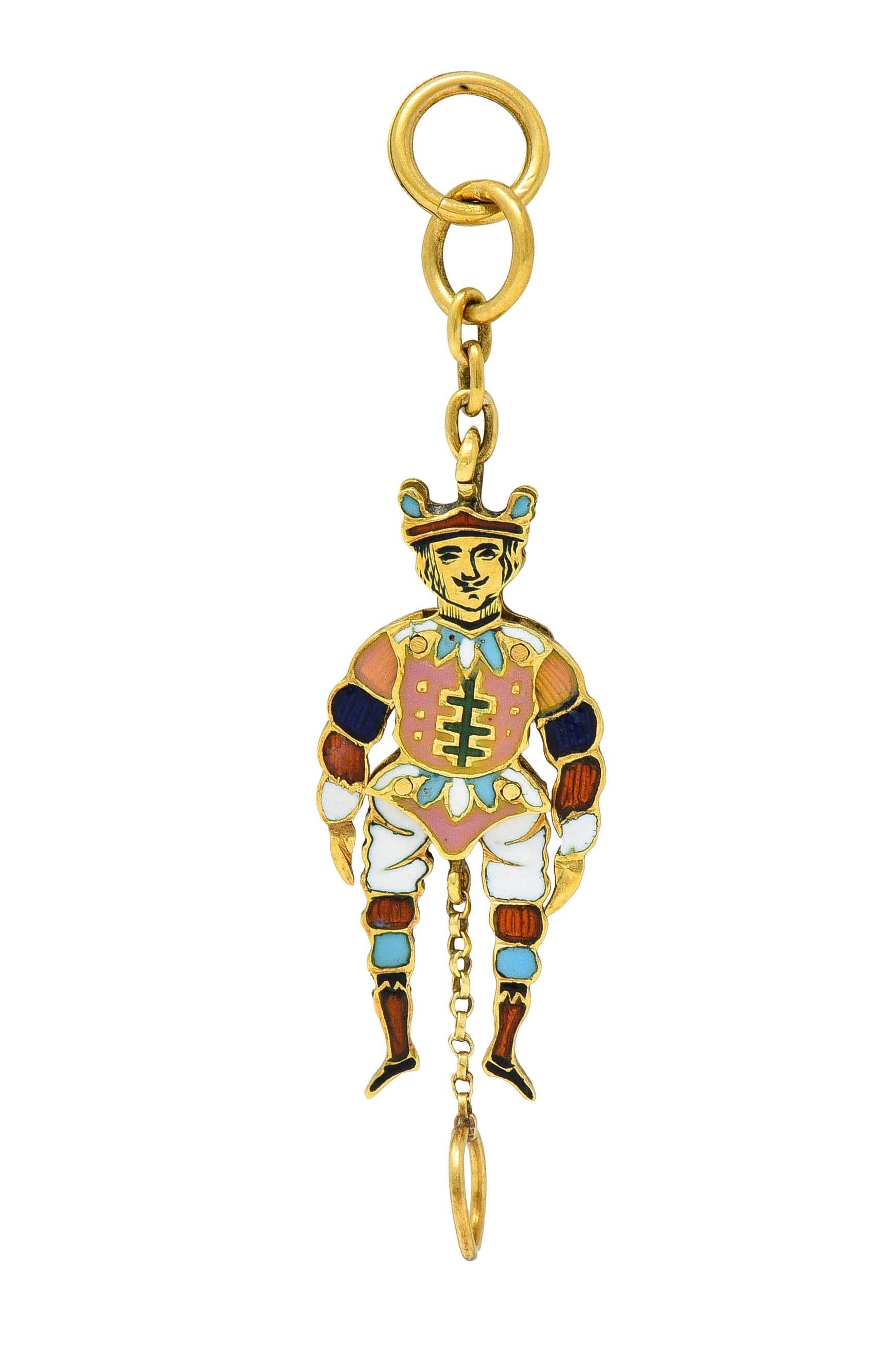 Victorian French Enamel 18 Karat Yellow Gold Jester Articulated Antique Charm In Excellent Condition For Sale In Philadelphia, PA