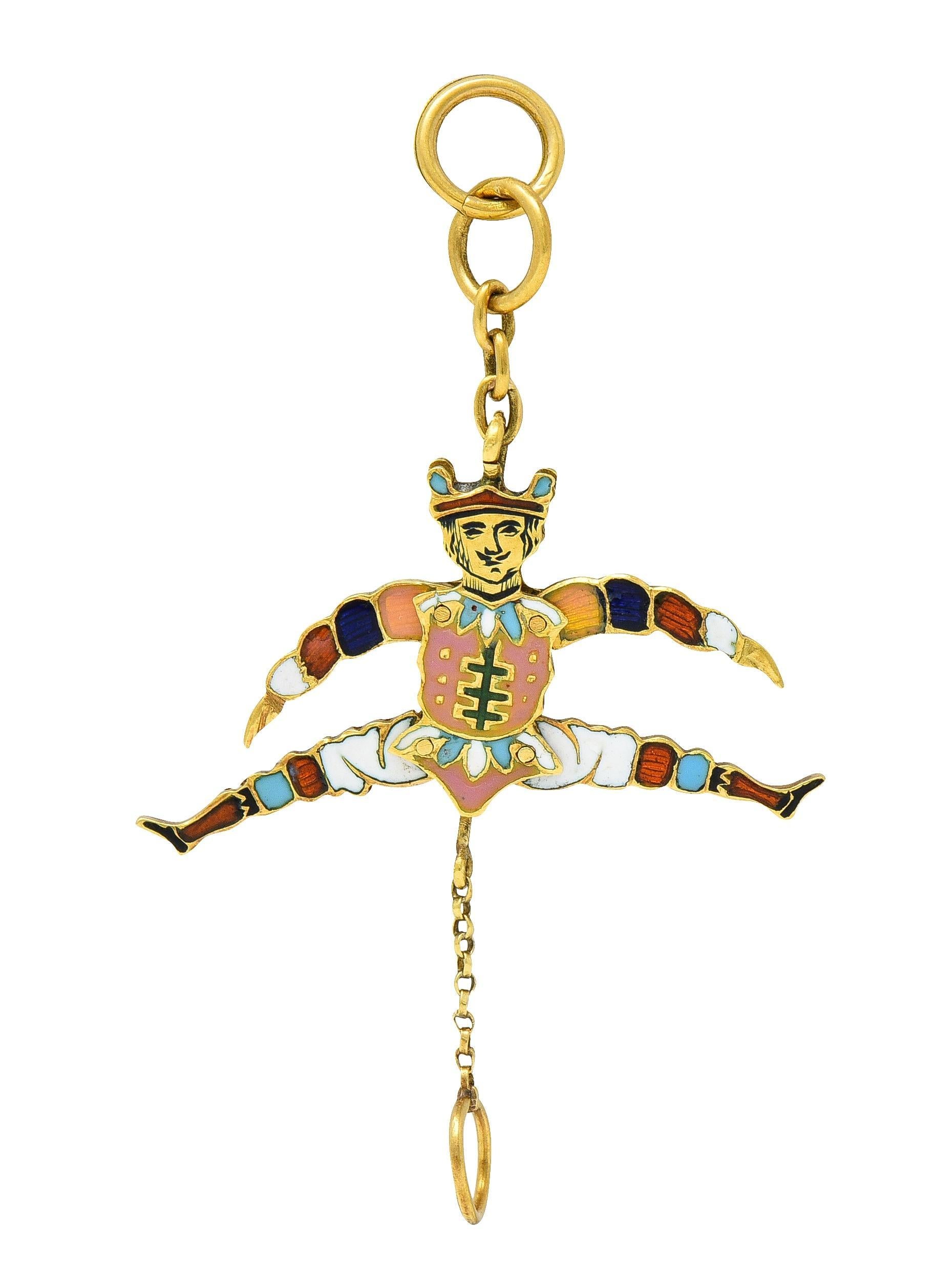 Women's or Men's Victorian French Enamel 18 Karat Yellow Gold Jester Articulated Antique Charm For Sale
