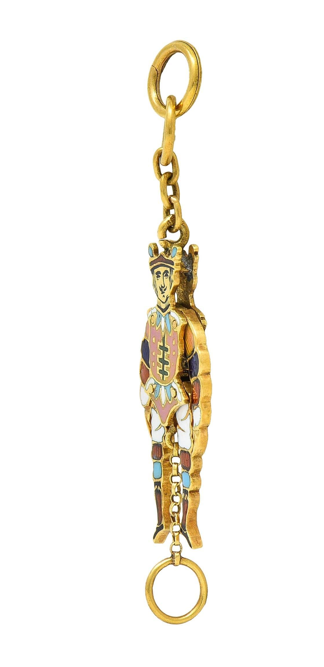 Victorian French Enamel 18 Karat Yellow Gold Jester Articulated Antique Charm For Sale 1