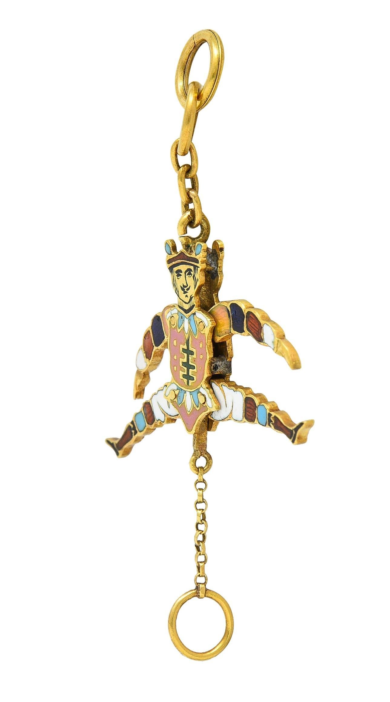 Victorian French Enamel 18 Karat Yellow Gold Jester Articulated Antique Charm For Sale 2