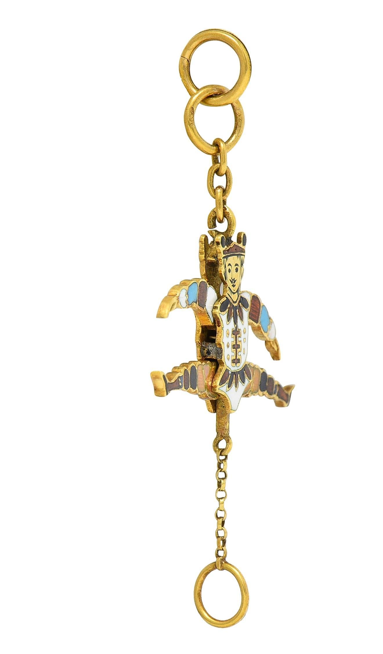 Victorian French Enamel 18 Karat Yellow Gold Jester Articulated Antique Charm For Sale 4