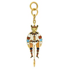 Victorian French Enamel 18 Karat Yellow Gold Jester Articulated Antique Charm