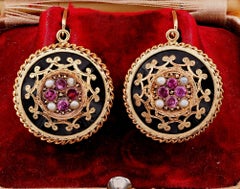 Victorian French Etruscan Revival Black Onyx Gem Set 18 KT earrings