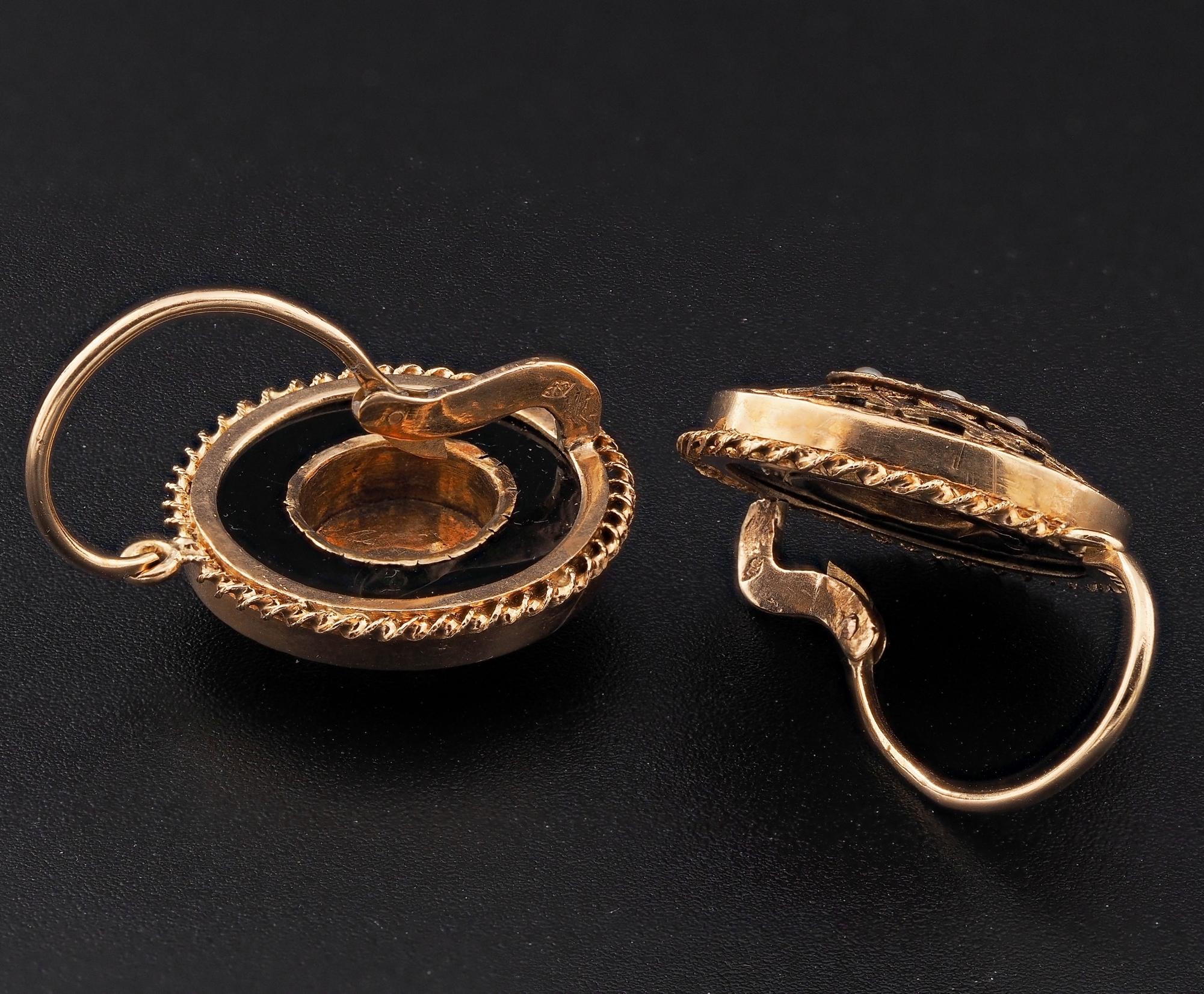 Victorian French Etruscan Revival Black Onyx Gem Set 18 KT earrings For Sale 2
