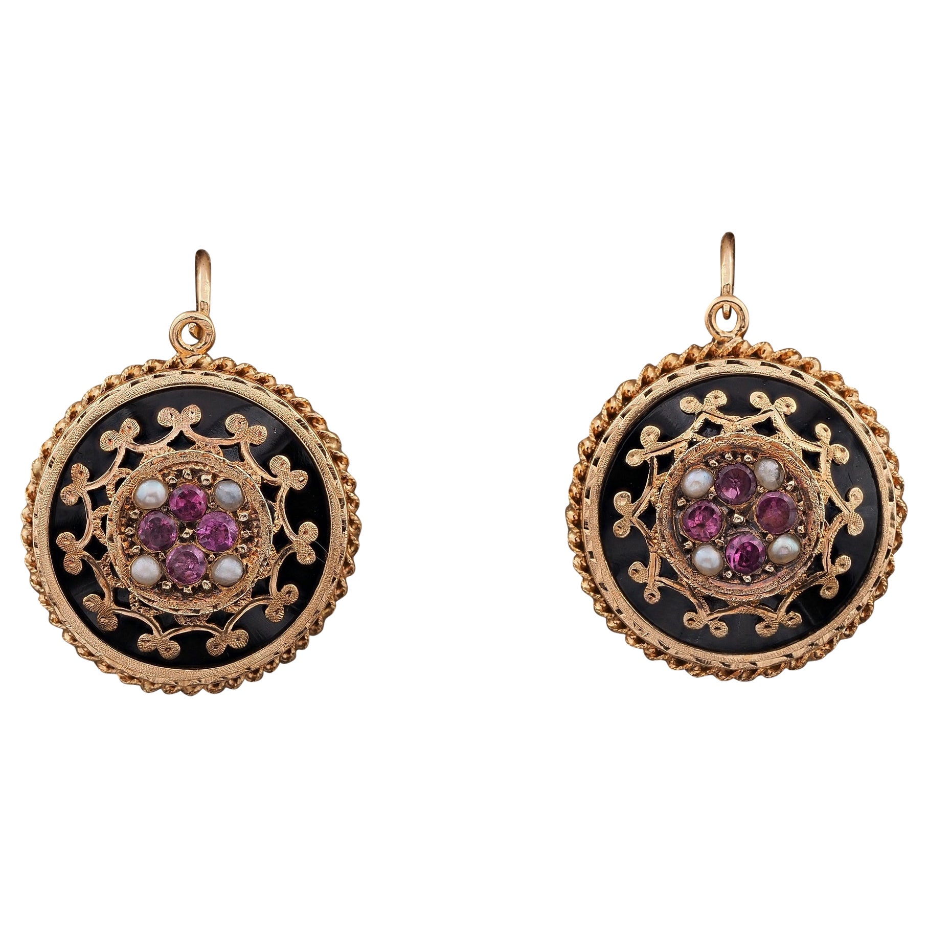 Boucles d'oreilles Victoriennes Françaises Revive Etrusque Onyx Noir serti de pierres 18 KT