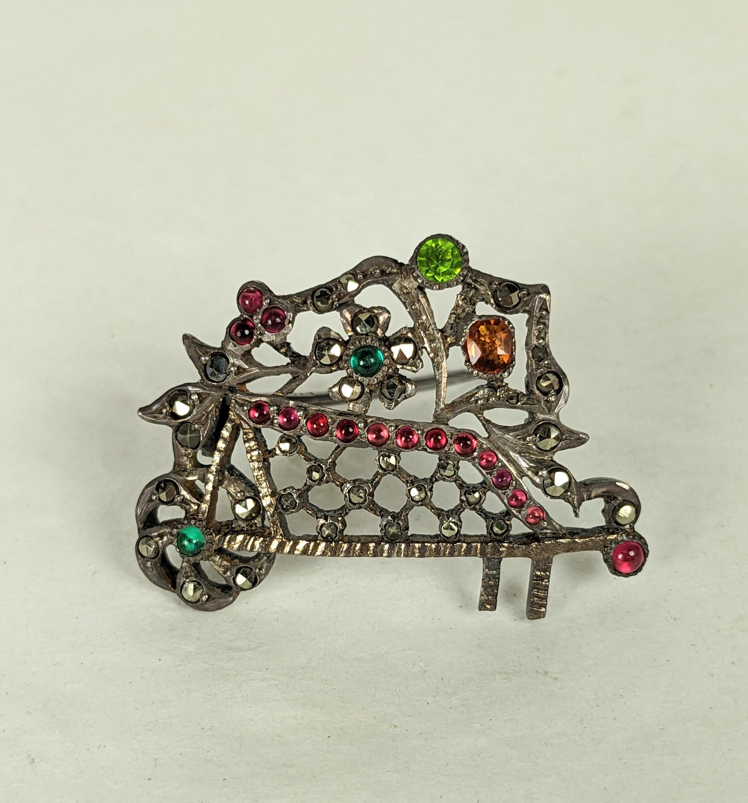 Charming Victorian French Flower Cart Brooch from the mid 19th Century, France. Completely handmade in heavy gauge sterling with colored pastes. 1850's France. 1.25