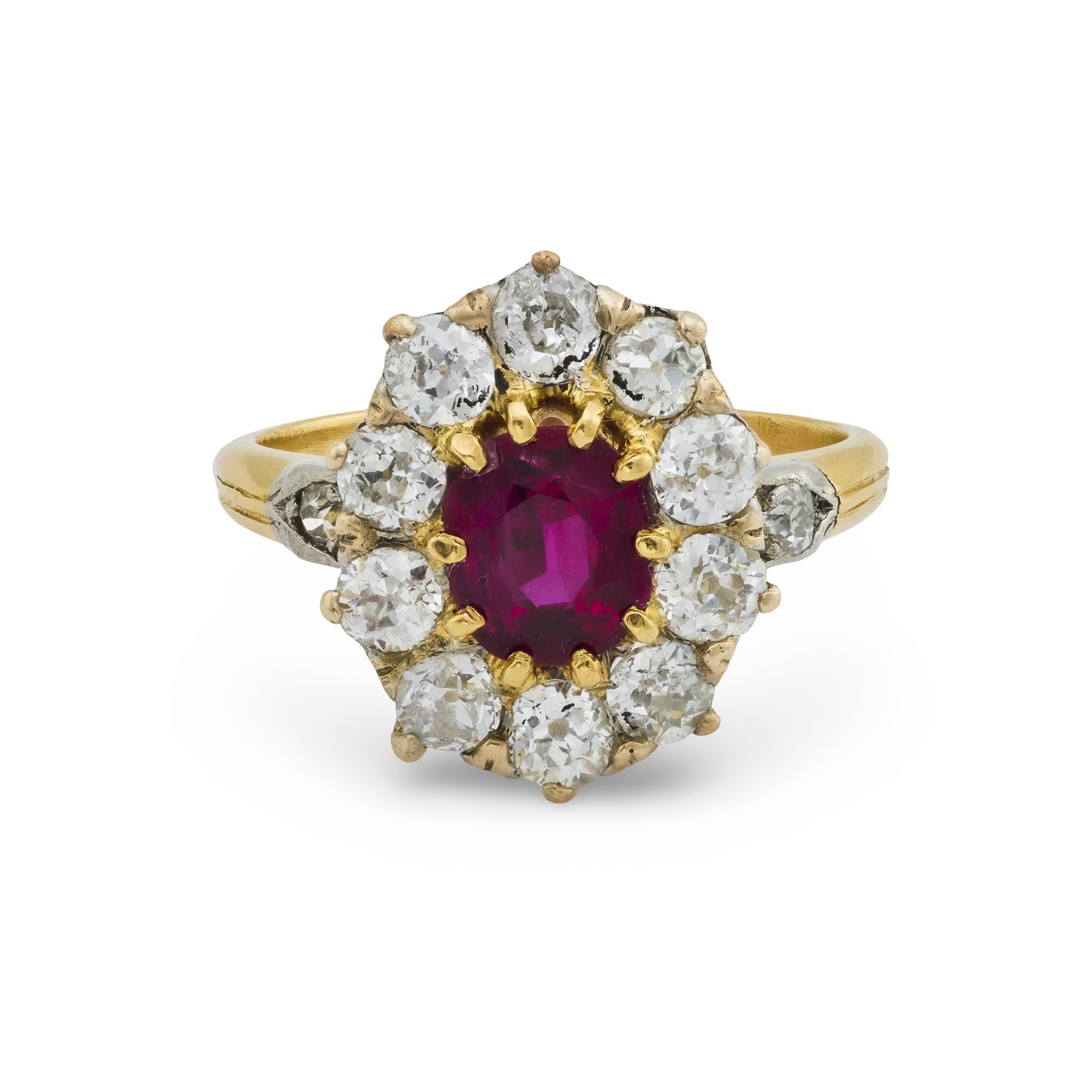 Victorien Bague victorienne française GIA 1 carat rubis diamant or jaune 18k en vente