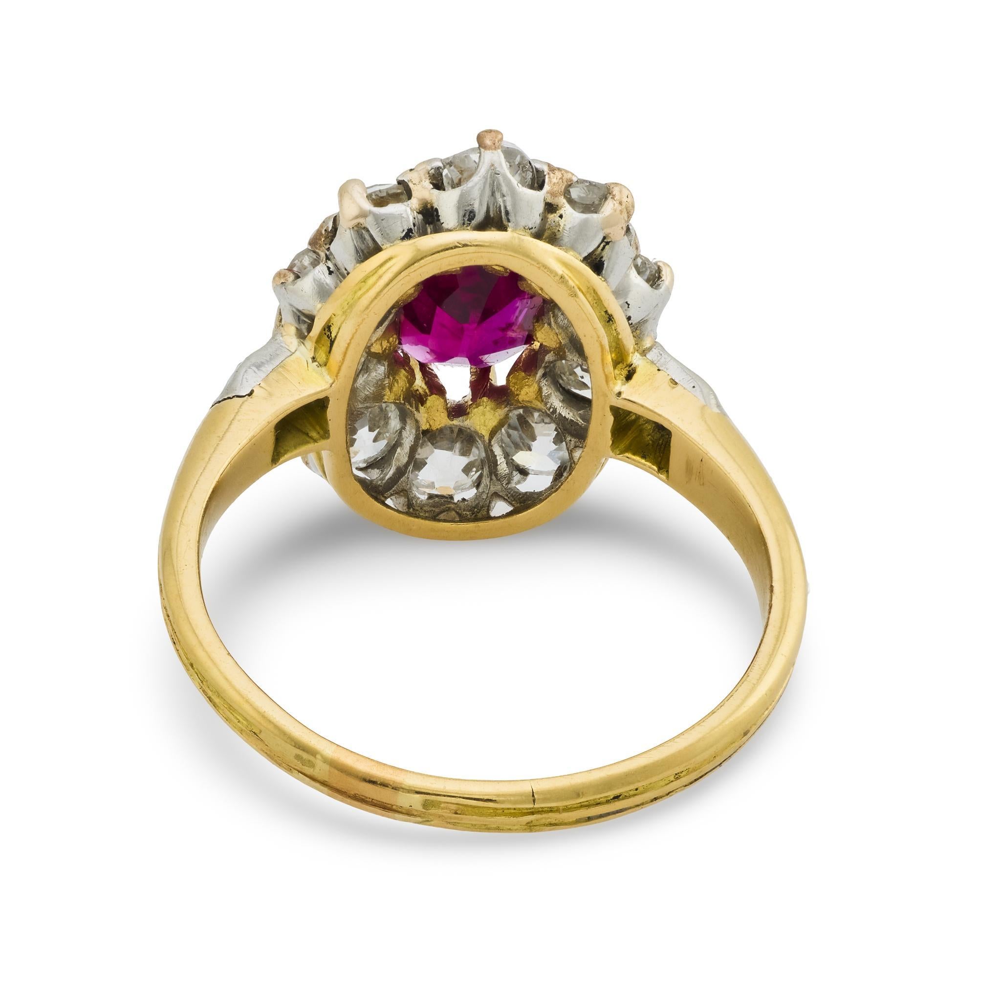 Bague victorienne française GIA 1 carat rubis diamant or jaune 18k Pour femmes en vente