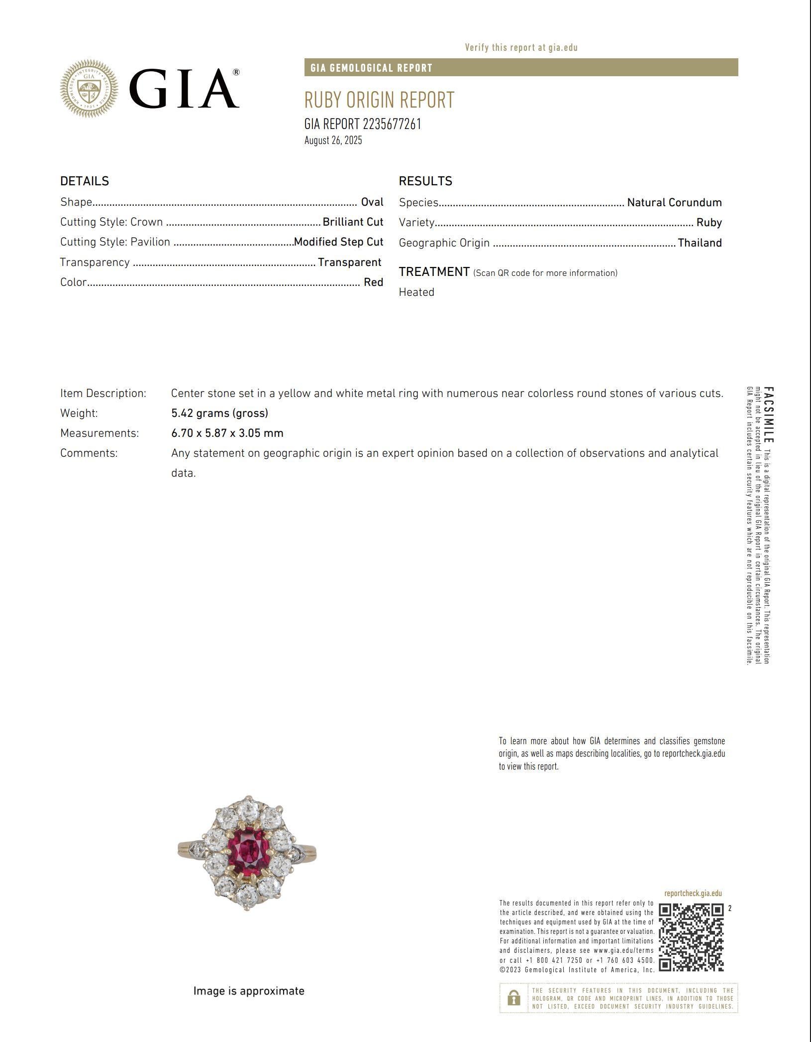 Bague victorienne française GIA 1 carat rubis diamant or jaune 18k en vente 2