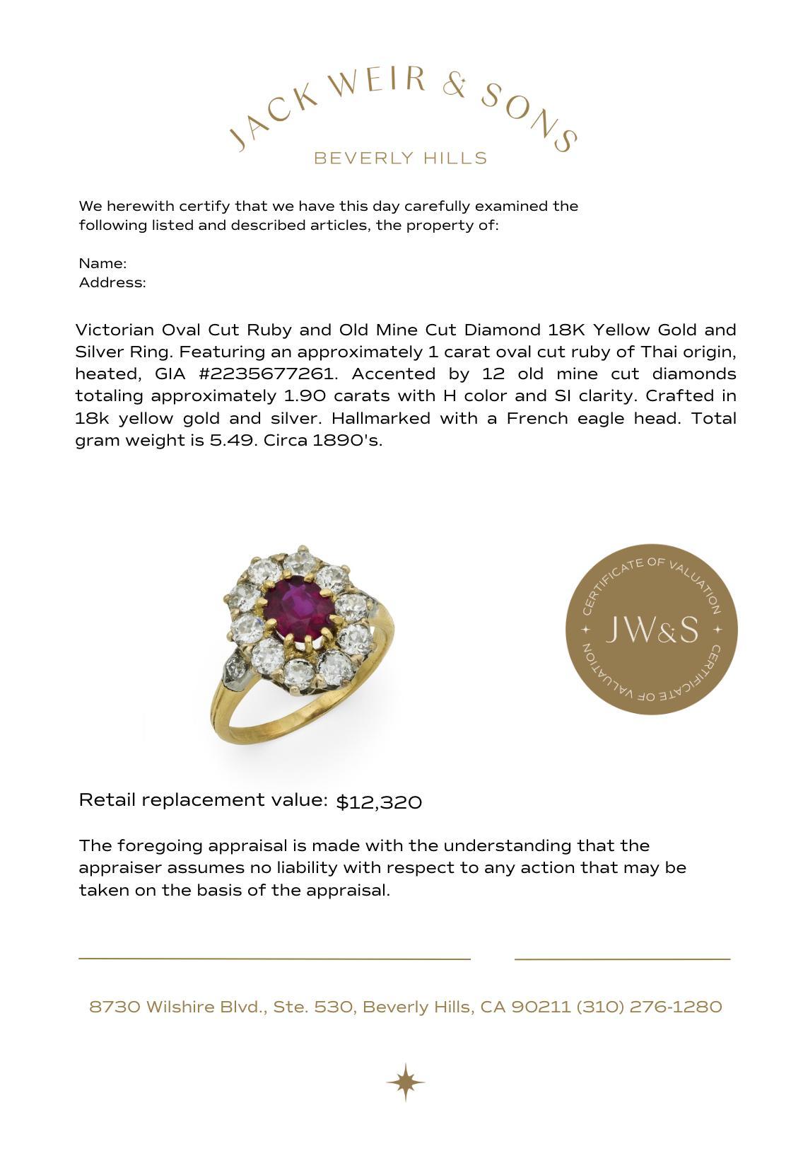 Bague victorienne française GIA 1 carat rubis diamant or jaune 18k en vente 3