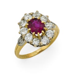 Victorian French GIA 1 carat ruby diamond 18k yellow gold cluster ring