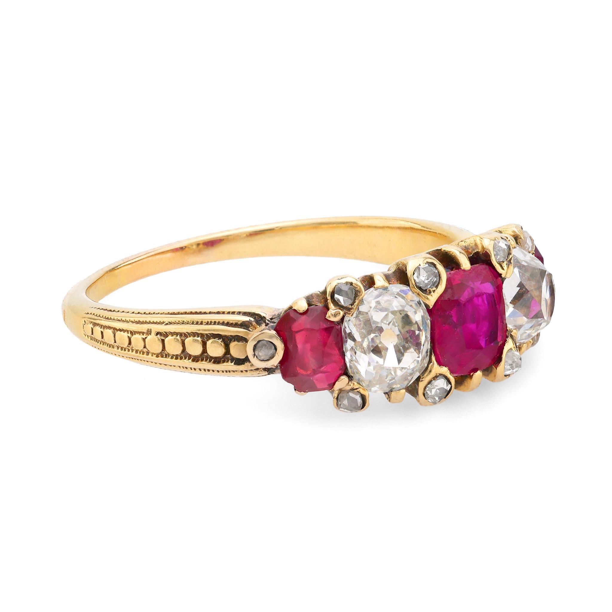 Anillo victoriano francés GIA 1,20 quilates peso total rubí diamante oro amarillo 18k Victoriano