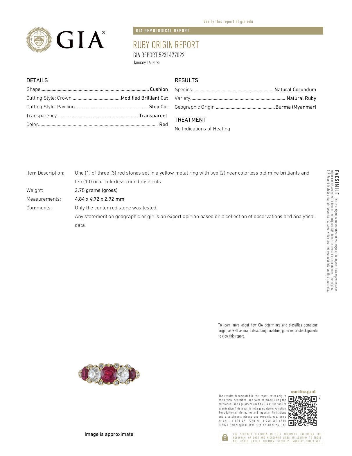Anillo victoriano francés GIA 1,20 quilates peso total rubí diamante oro amarillo 18k en Excelente Estado en Beverly Hills, CA