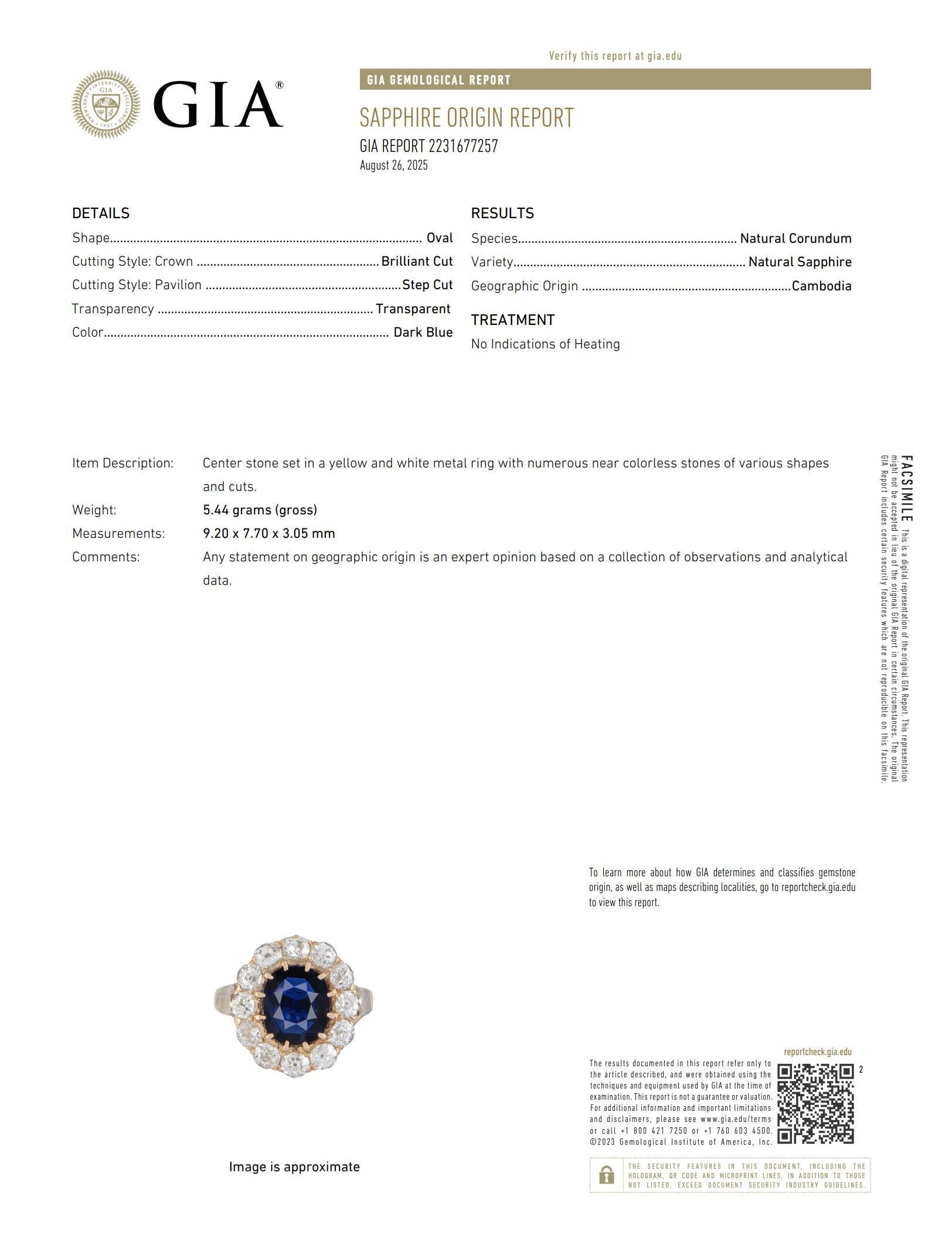 Bague victorienne française GIA 2 carats saphir non chauffé diamant or jaune 18k en vente 4