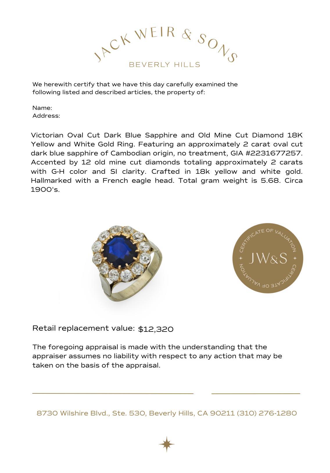 Bague victorienne française GIA 2 carats saphir non chauffé diamant or jaune 18k en vente 5
