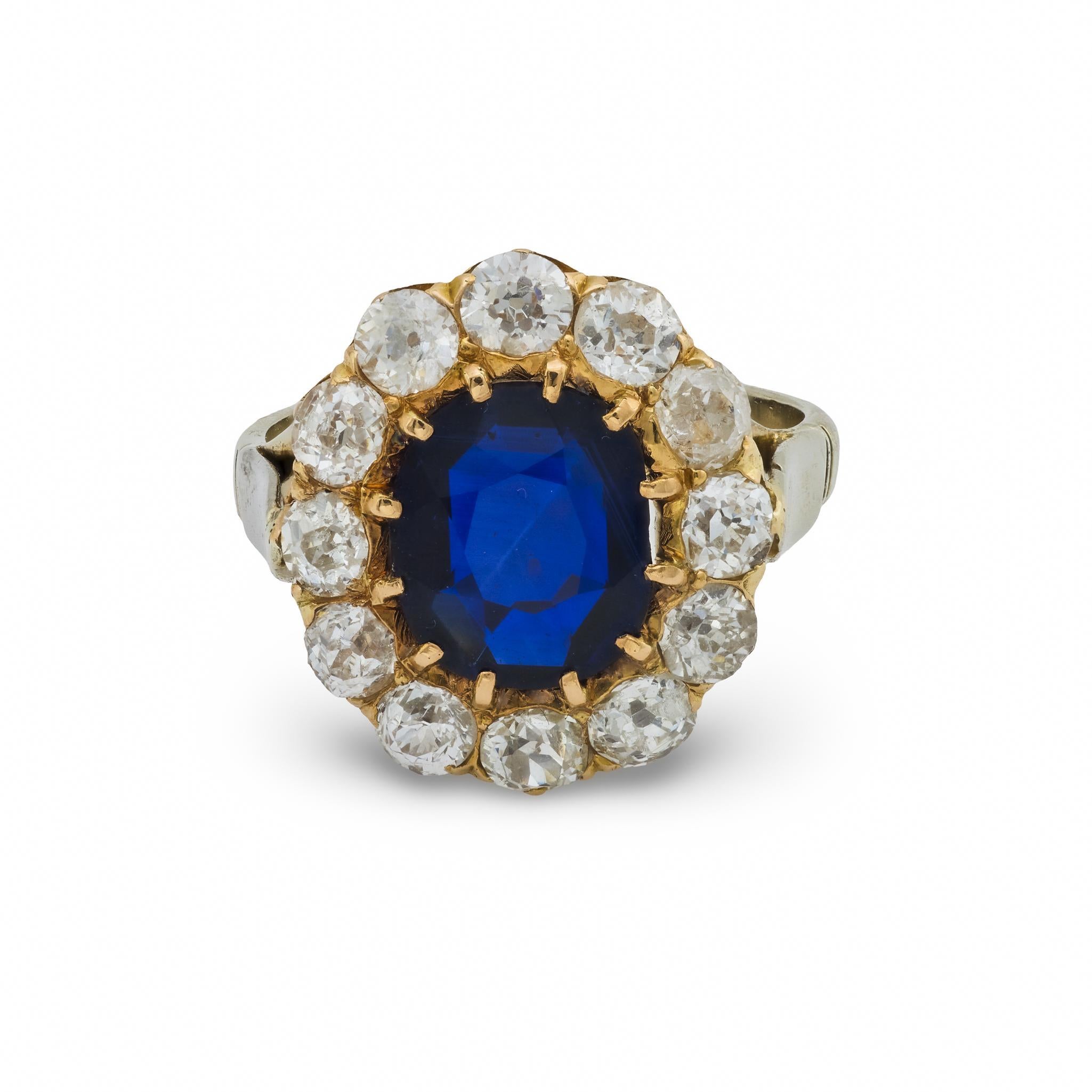 Victorien Bague victorienne française GIA 2 carats saphir non chauffé diamant or jaune 18k en vente
