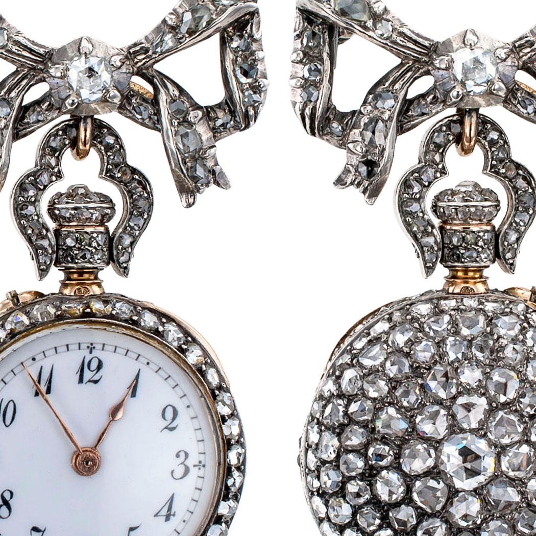 Women's Victorian French Gold Silver Rose Cut Diamonds Brooch Watch 