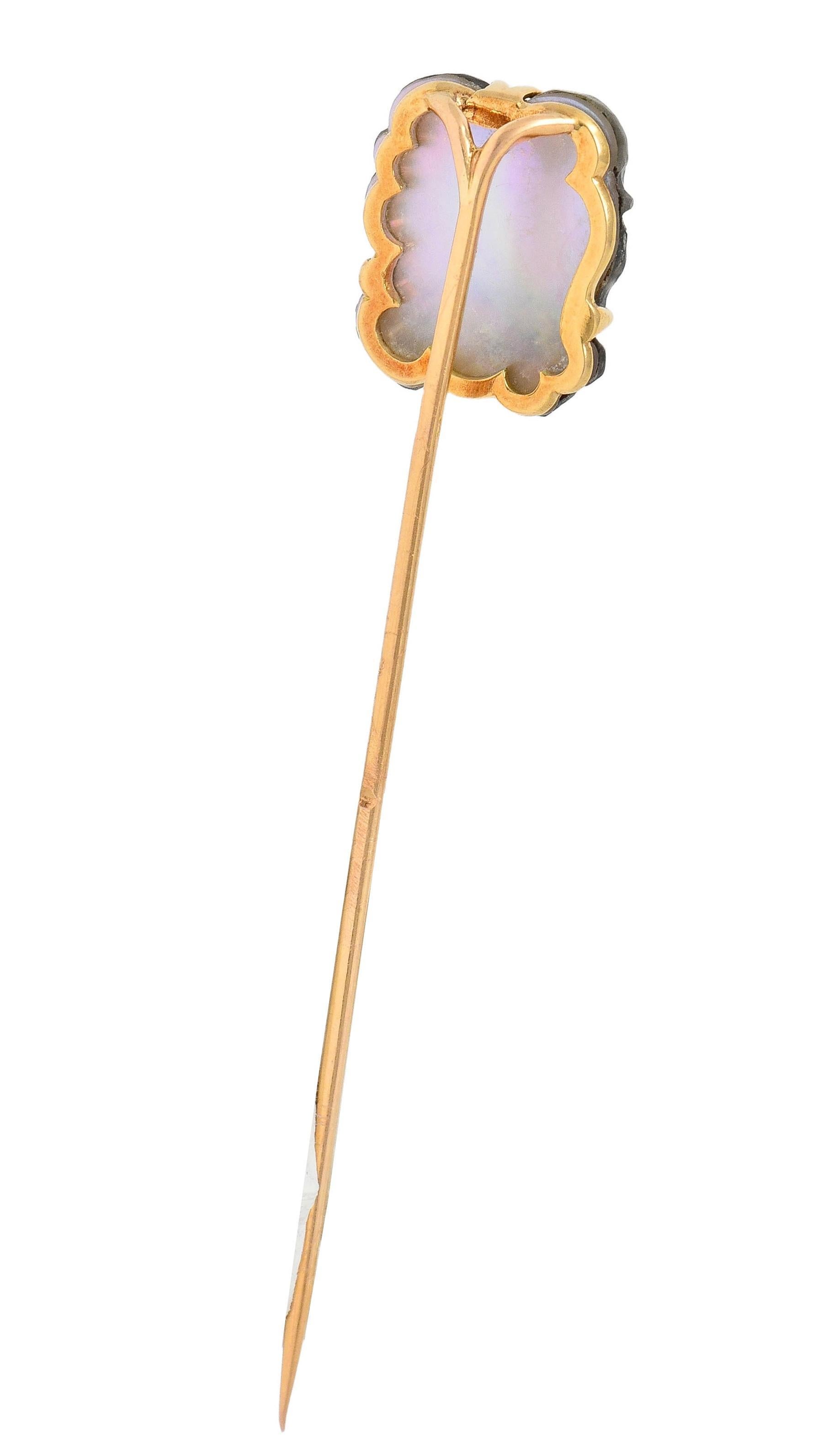 Uncut Victorian French Labradorite Mother-Of-Pearl 18K Gold Antique Pan Stickpin For Sale