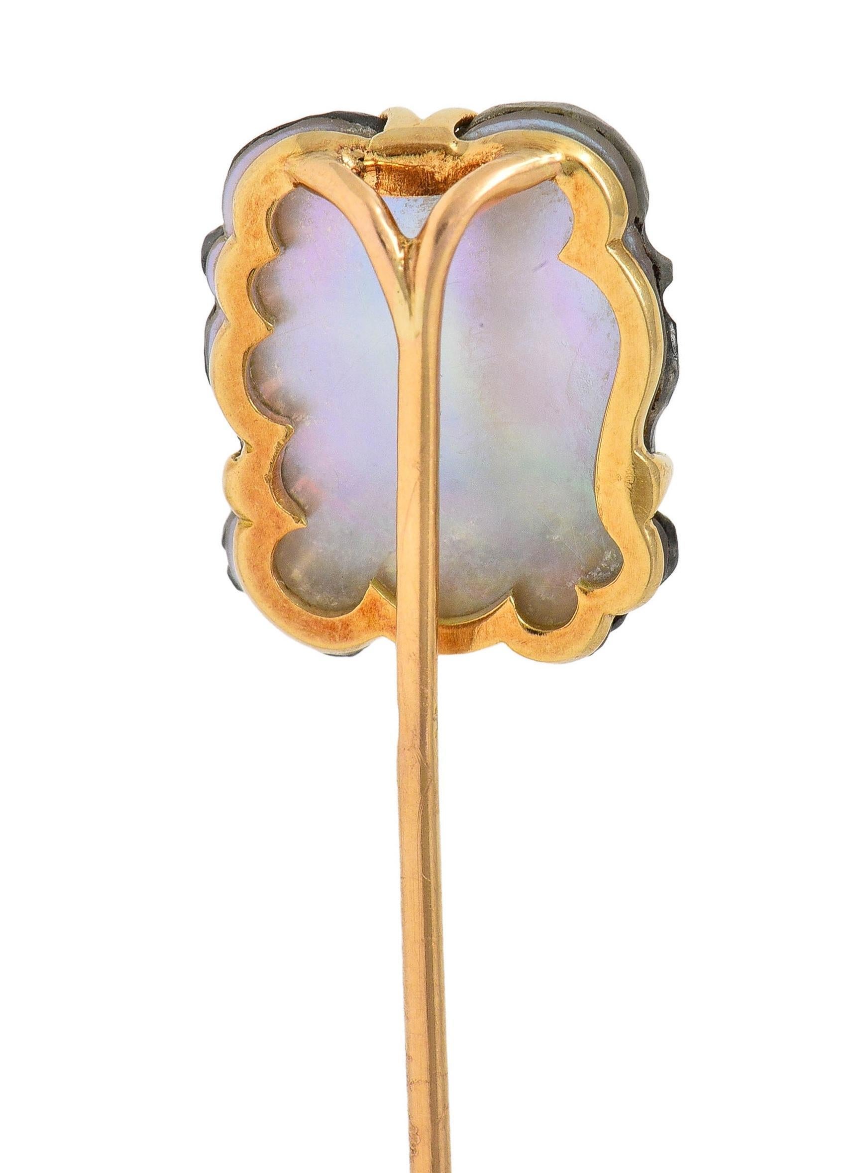 Women's or Men's Victorian French Labradorite Mother-Of-Pearl 18K Gold Antique Pan Stickpin For Sale