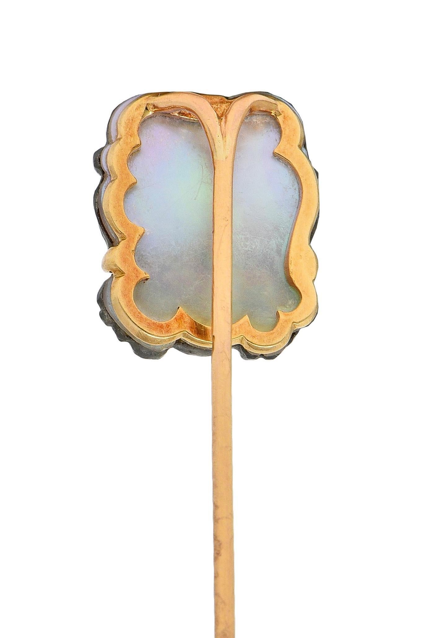 Victorian French Labradorite Mother-Of-Pearl 18K Gold Antique Pan Stickpin For Sale 1