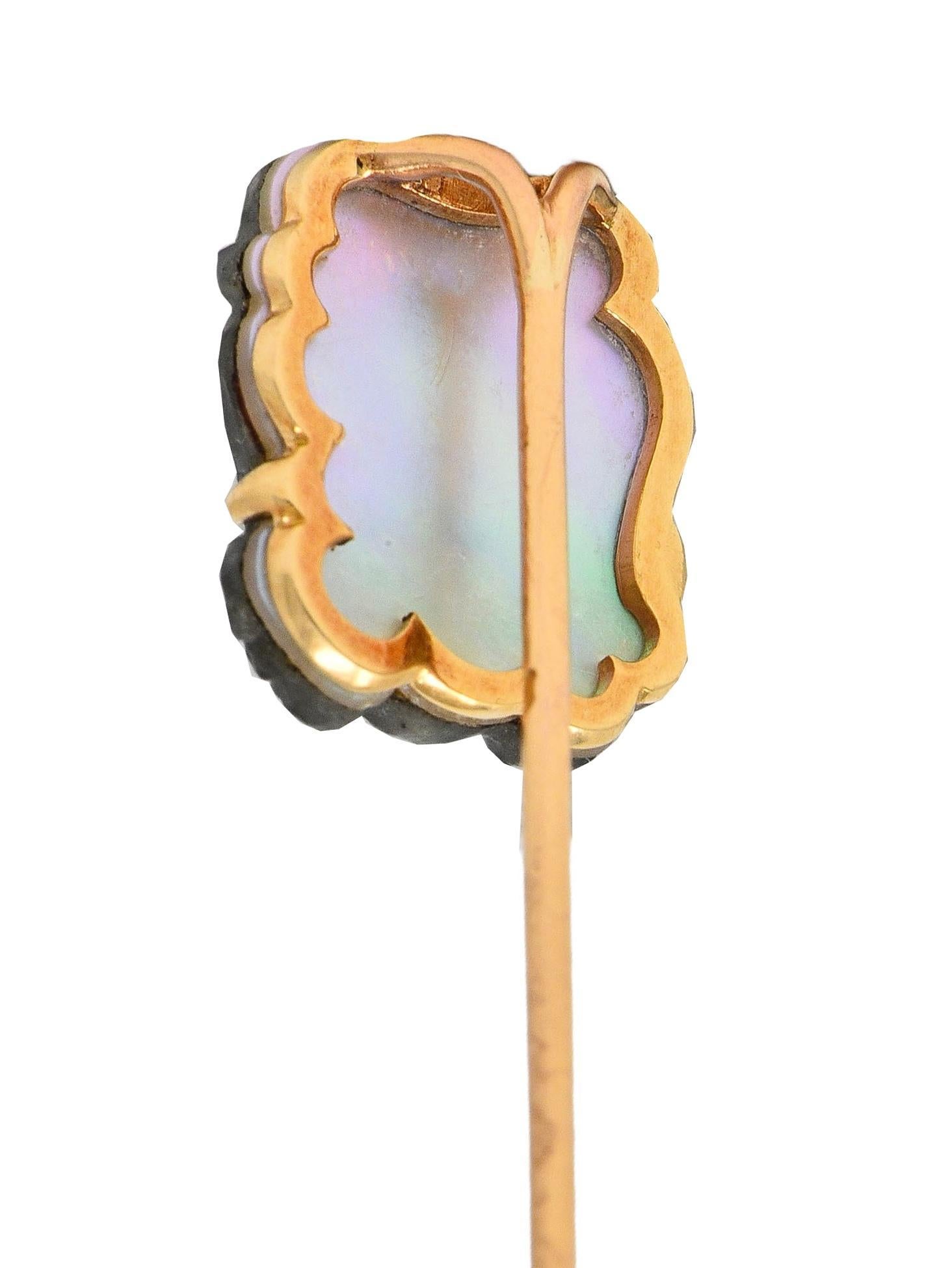 Victorian French Labradorite Mother-Of-Pearl 18K Gold Antique Pan Stickpin For Sale 3