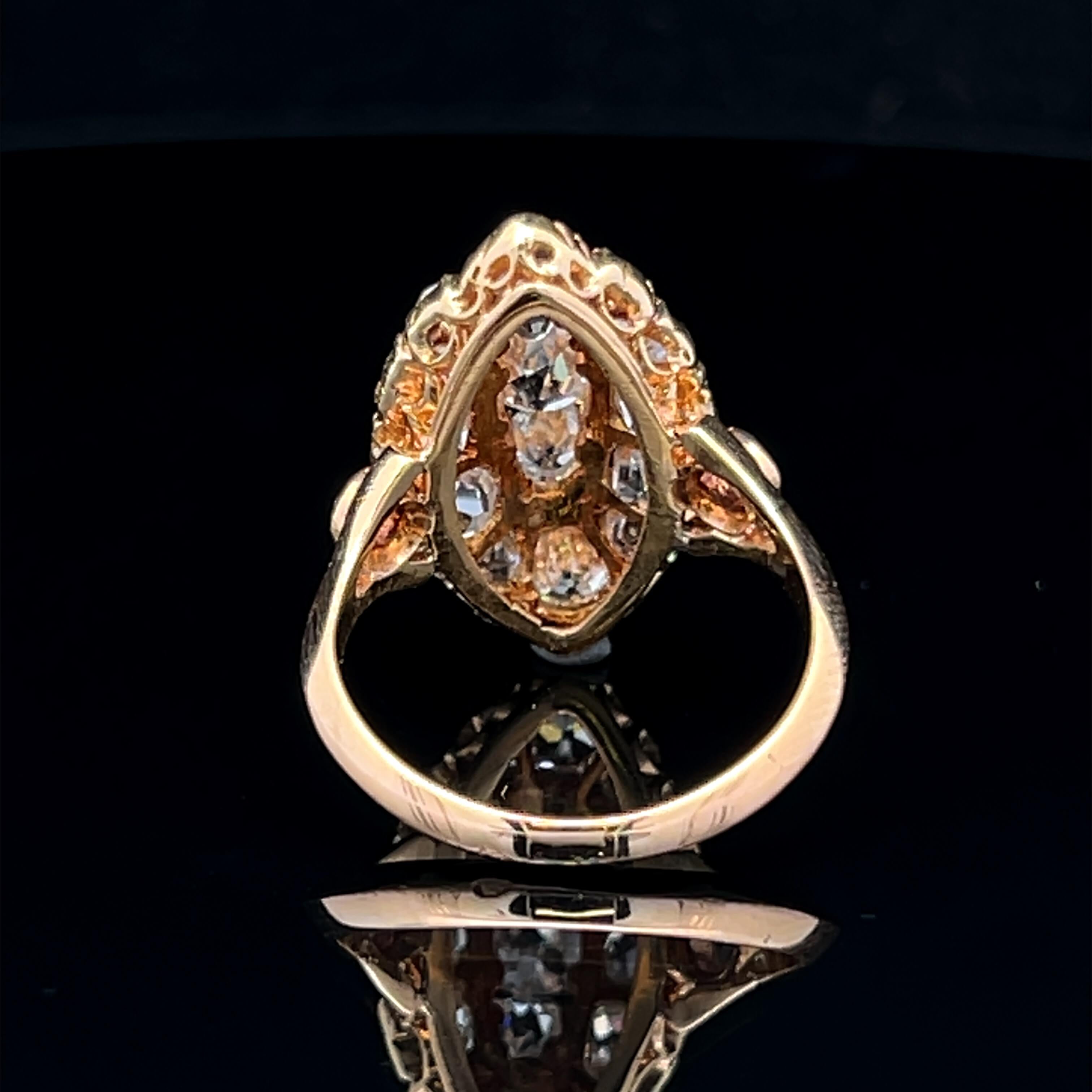 Women's or Men's Victorian French Marquise Diamond Cluster Ring Circa 1890 For Sale